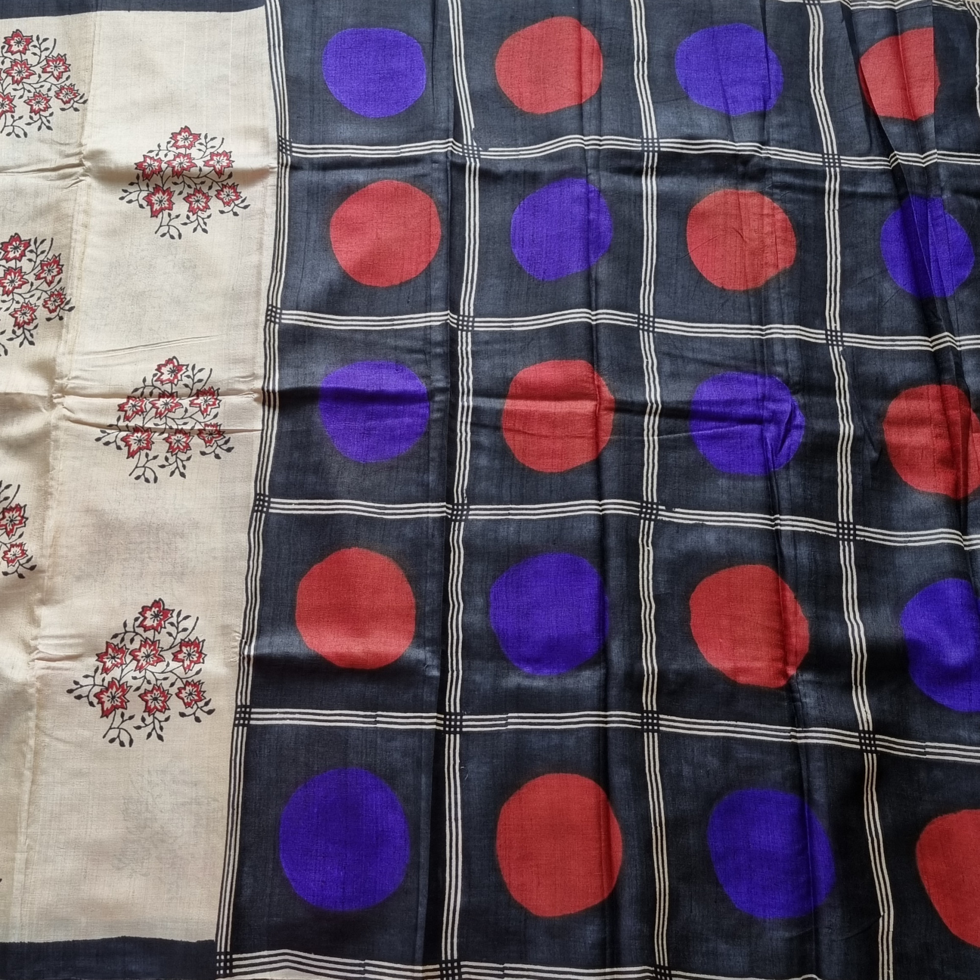 Tussar block print cream