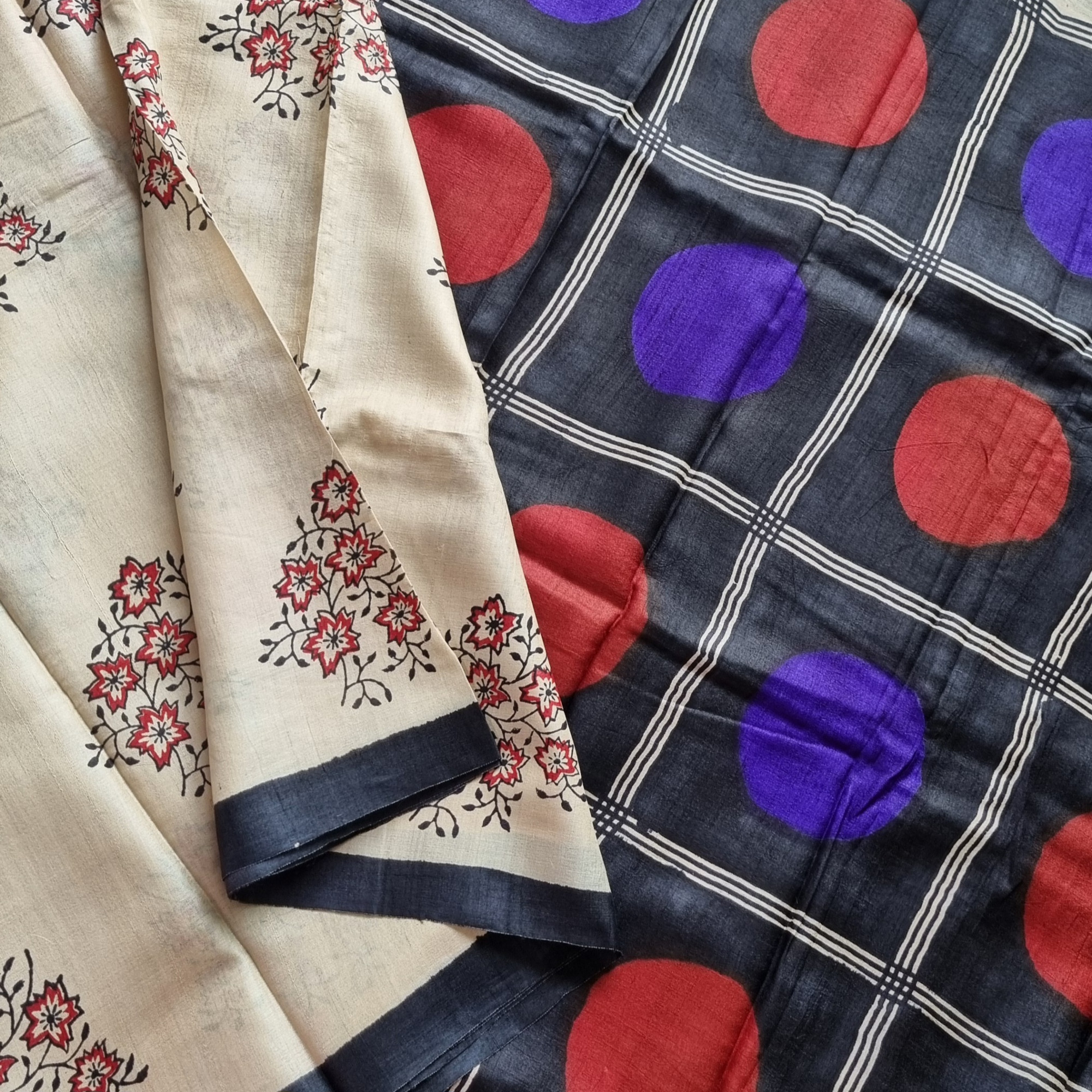 Tussar block print cream