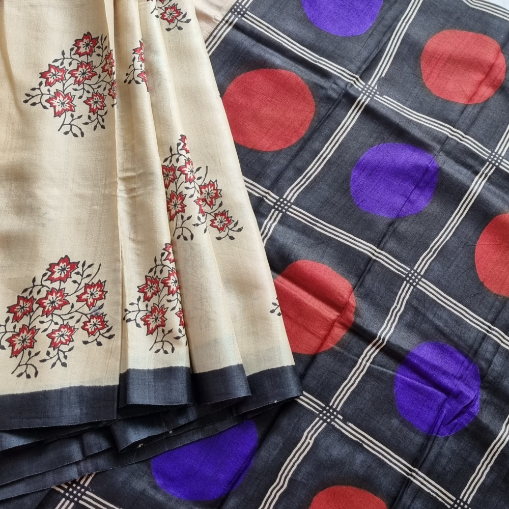 Image of Tussar block print cream