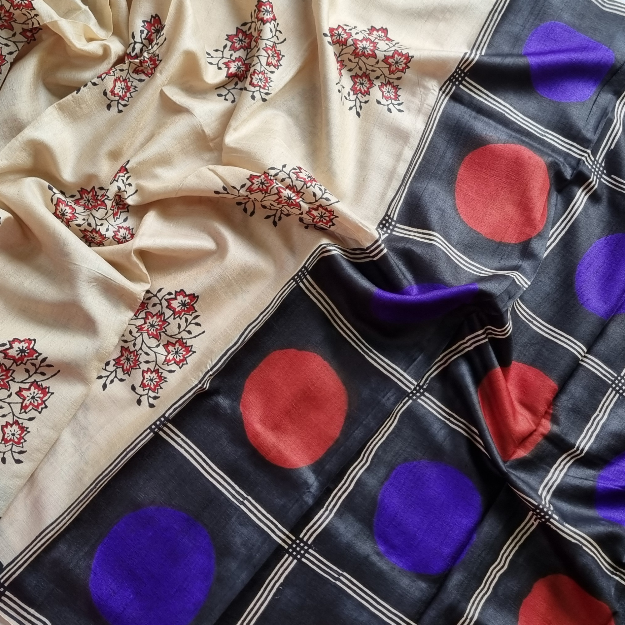 Tussar block print cream