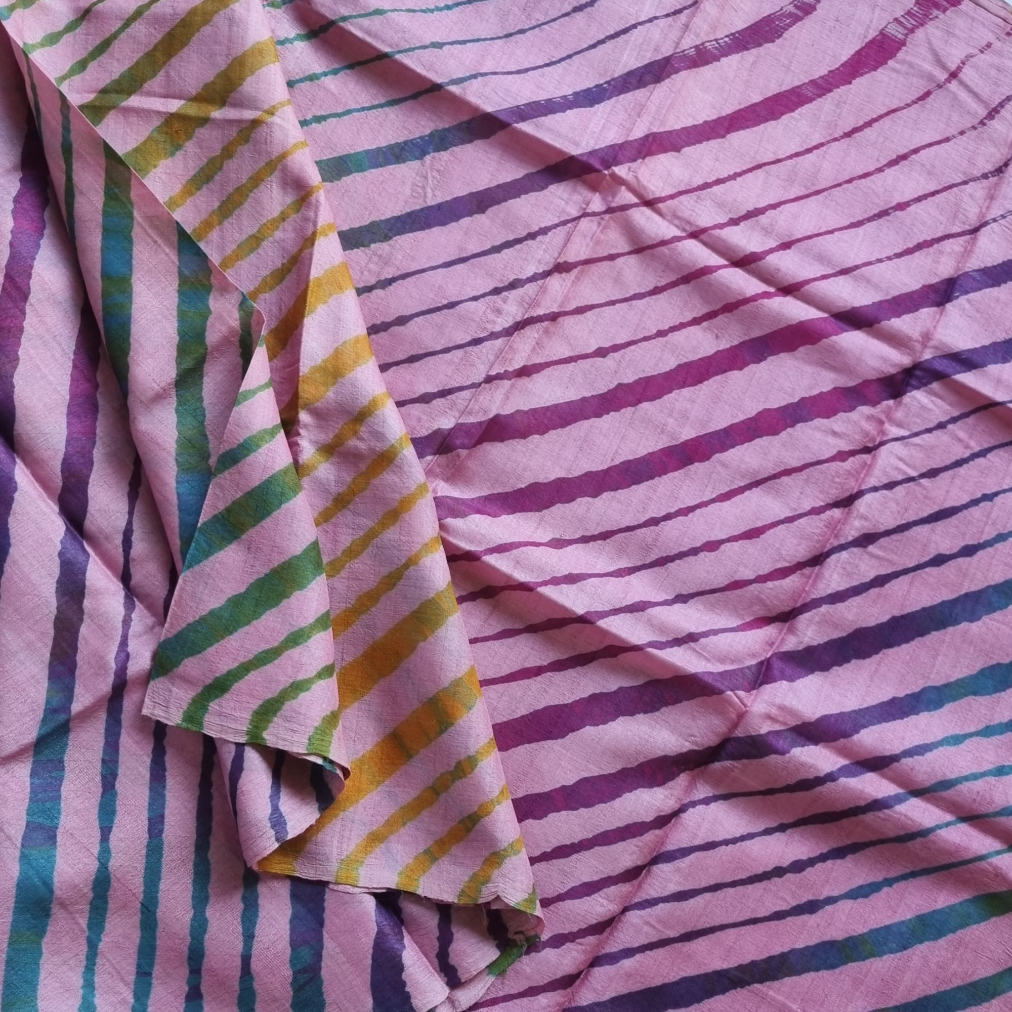 Handcrafted tussar Lehariya saree pastel pink multicolor