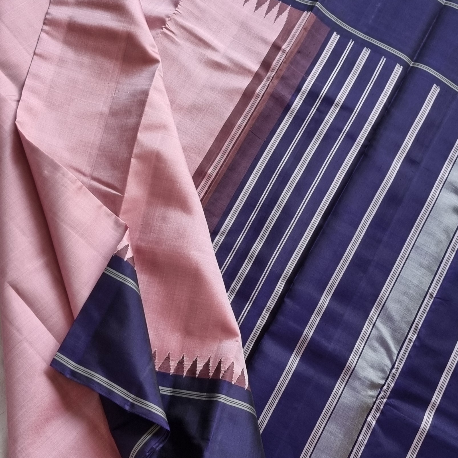 Kanjivaram Silk Korvai pastel pink and blue