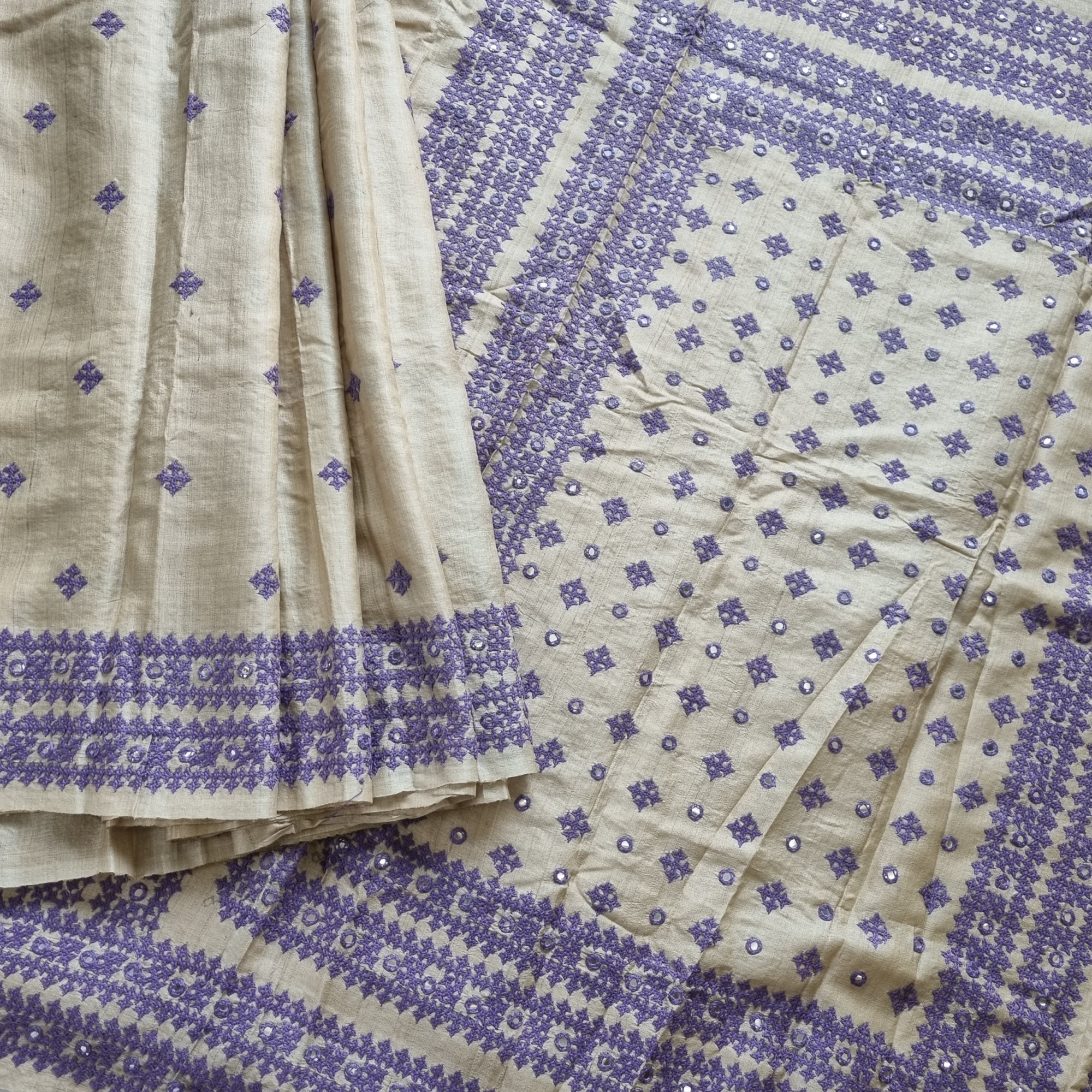 Tussar with purple Sindhi stitch