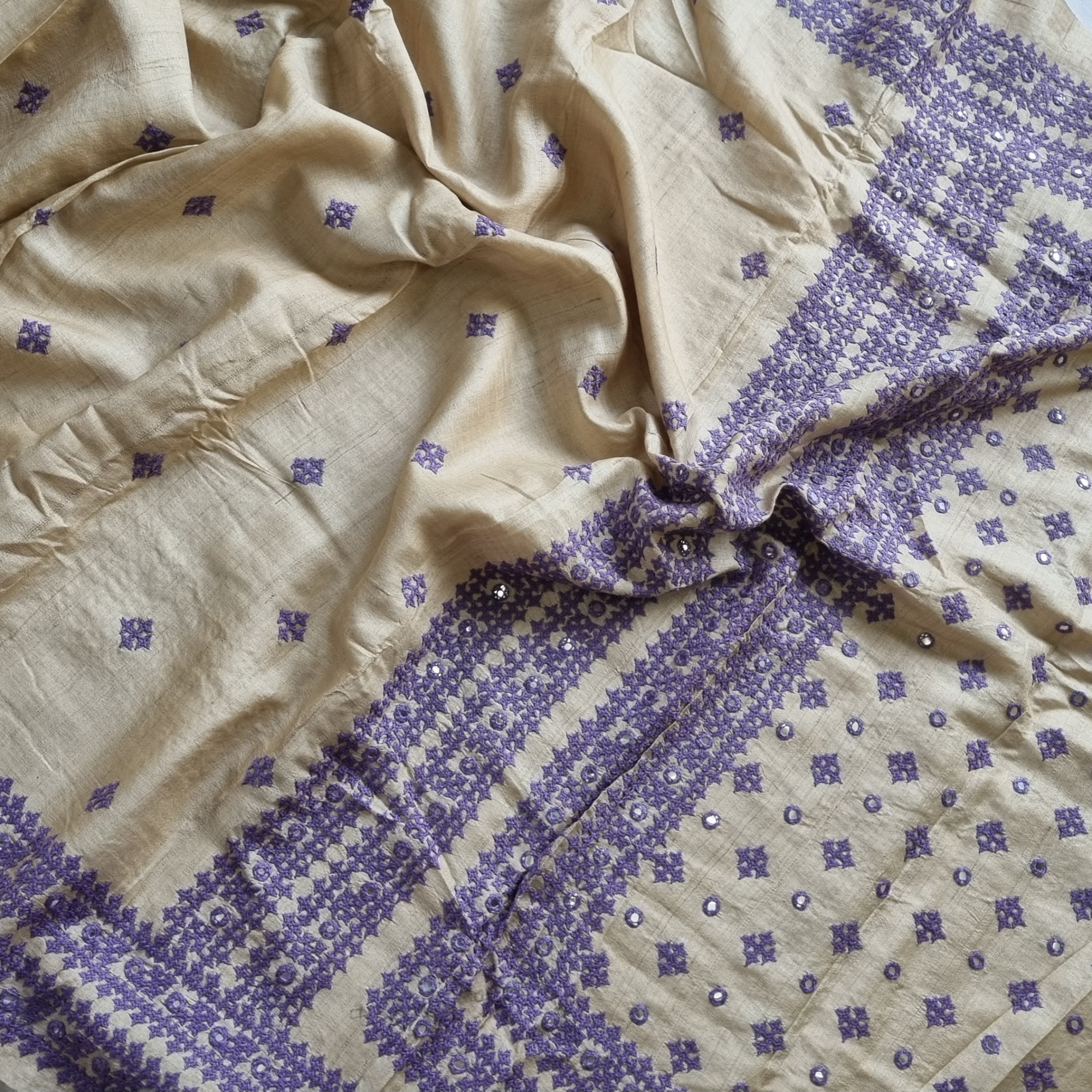 Tussar with purple Sindhi stitch