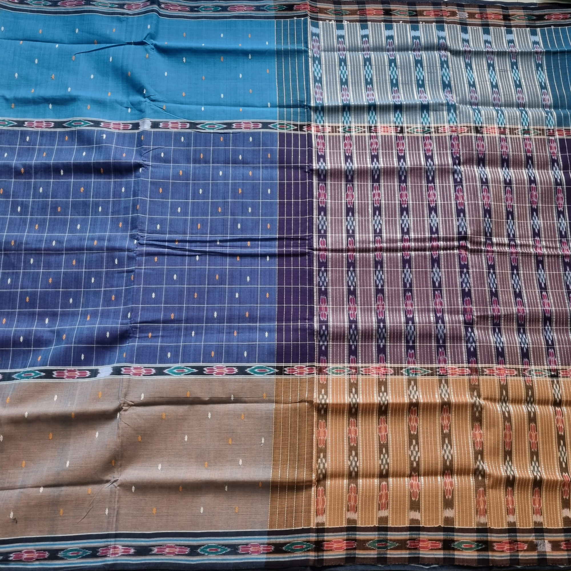 Jagatsinghpur  cotton saree turquoise blue shot grey