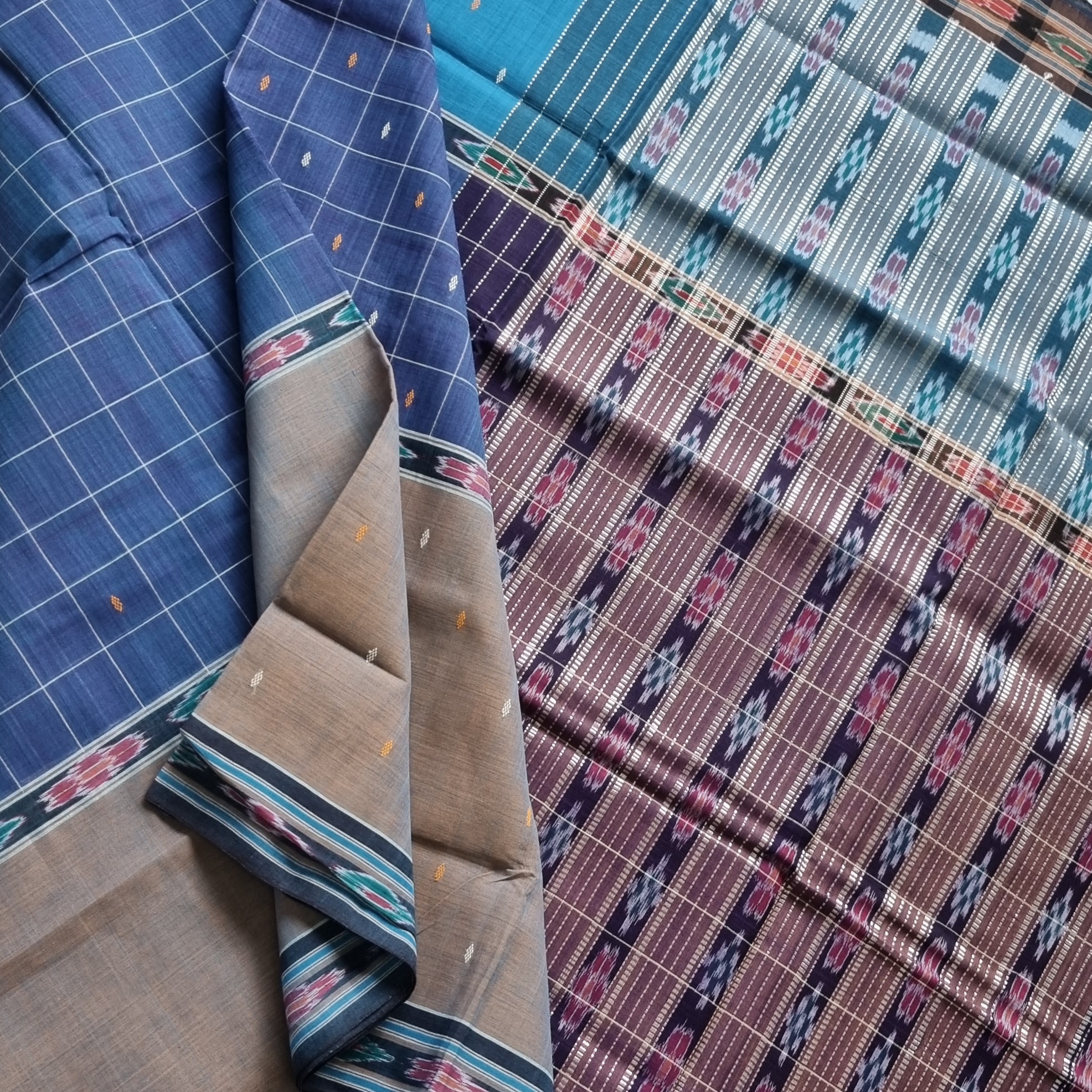 Jagatsinghpur  cotton saree turquoise blue shot grey