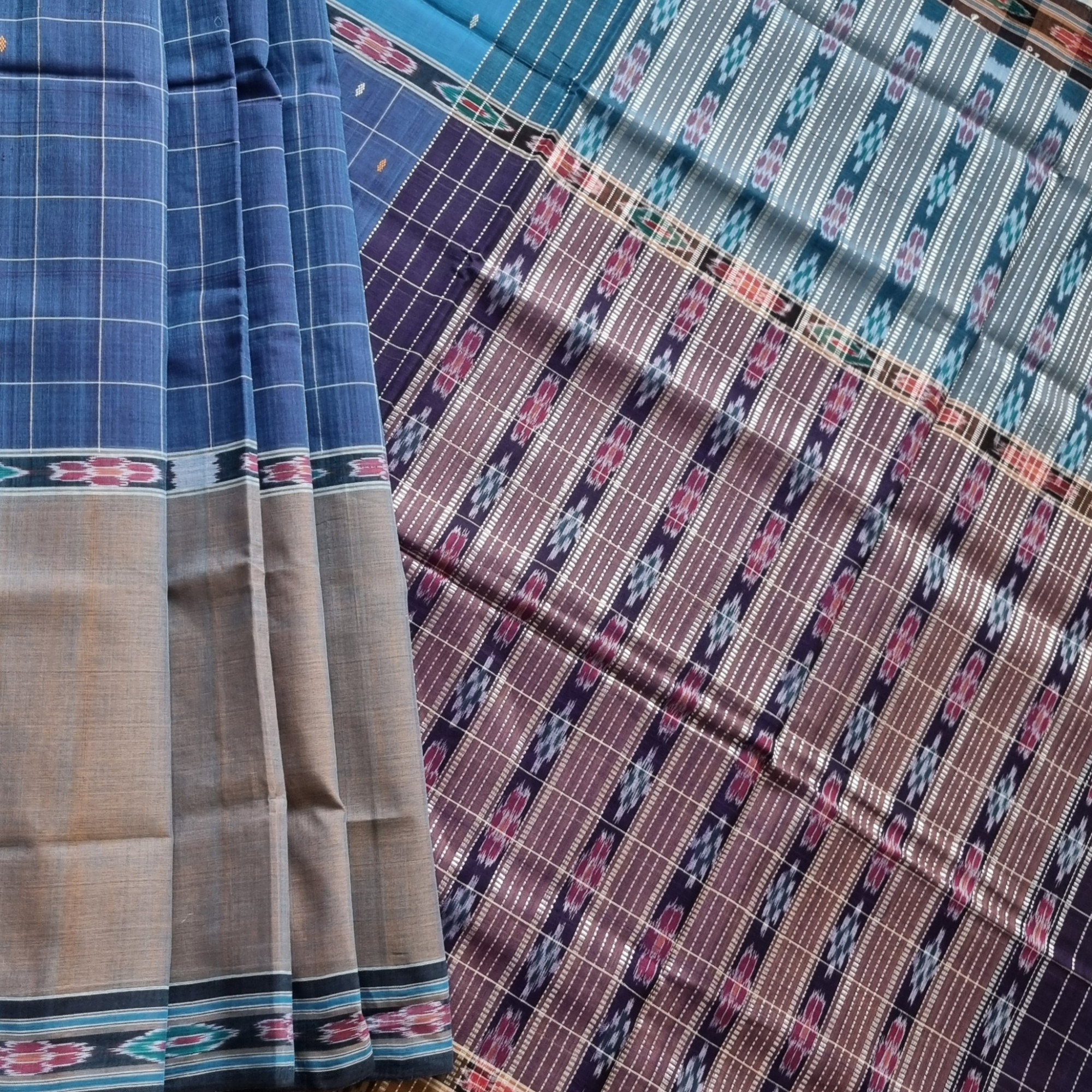 Jagatsinghpur  cotton saree turquoise blue shot grey