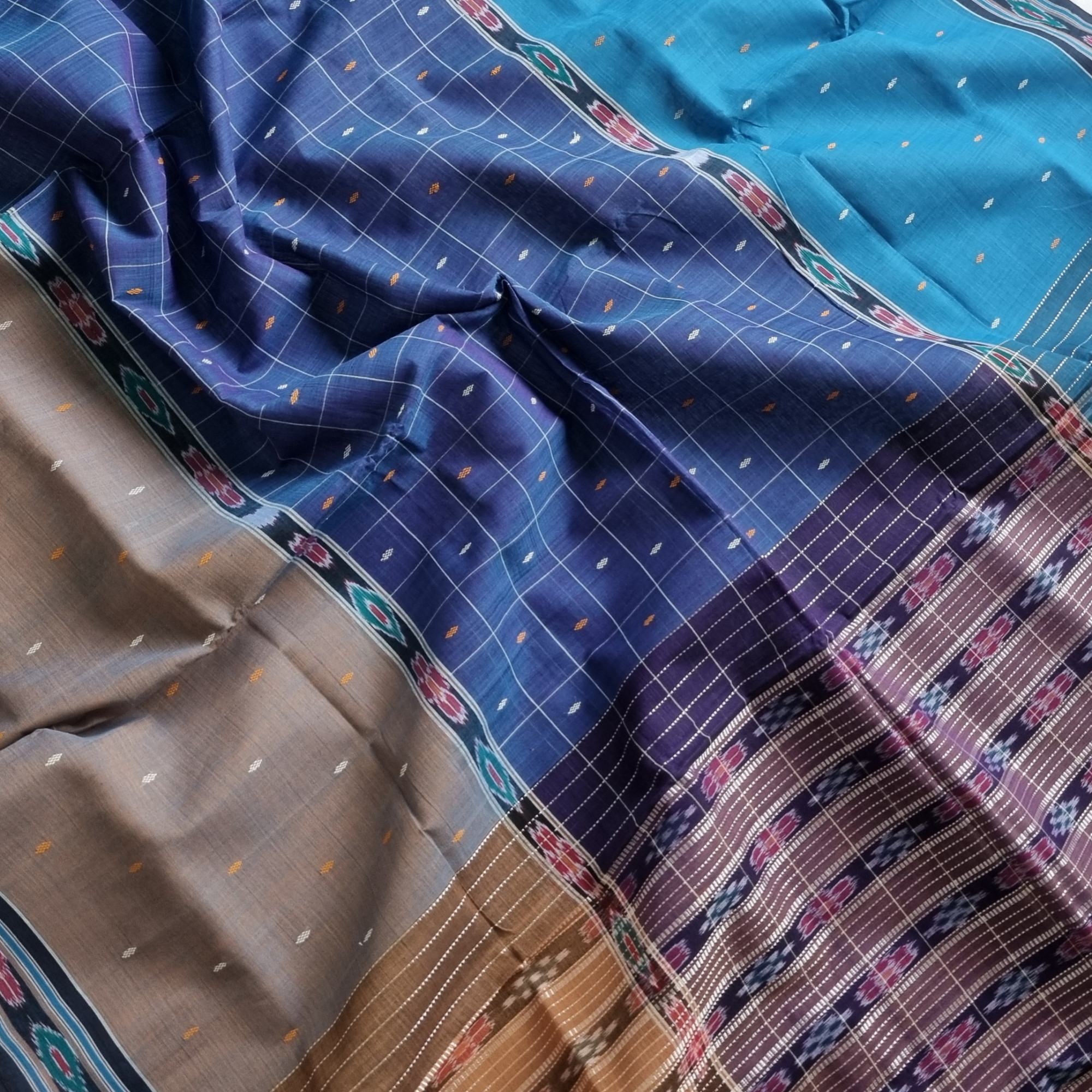 Jagatsinghpur  cotton saree turquoise blue shot grey