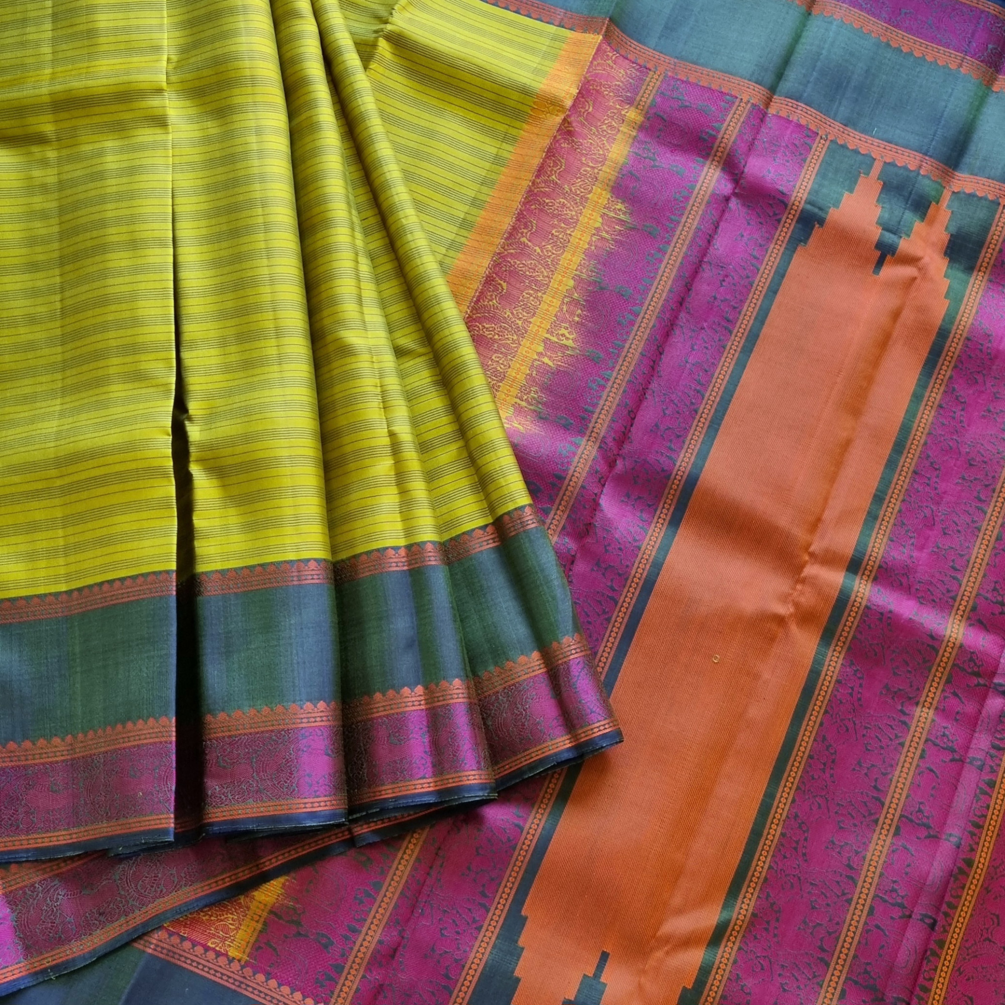 Kanjivaram Silk lime green threadwork