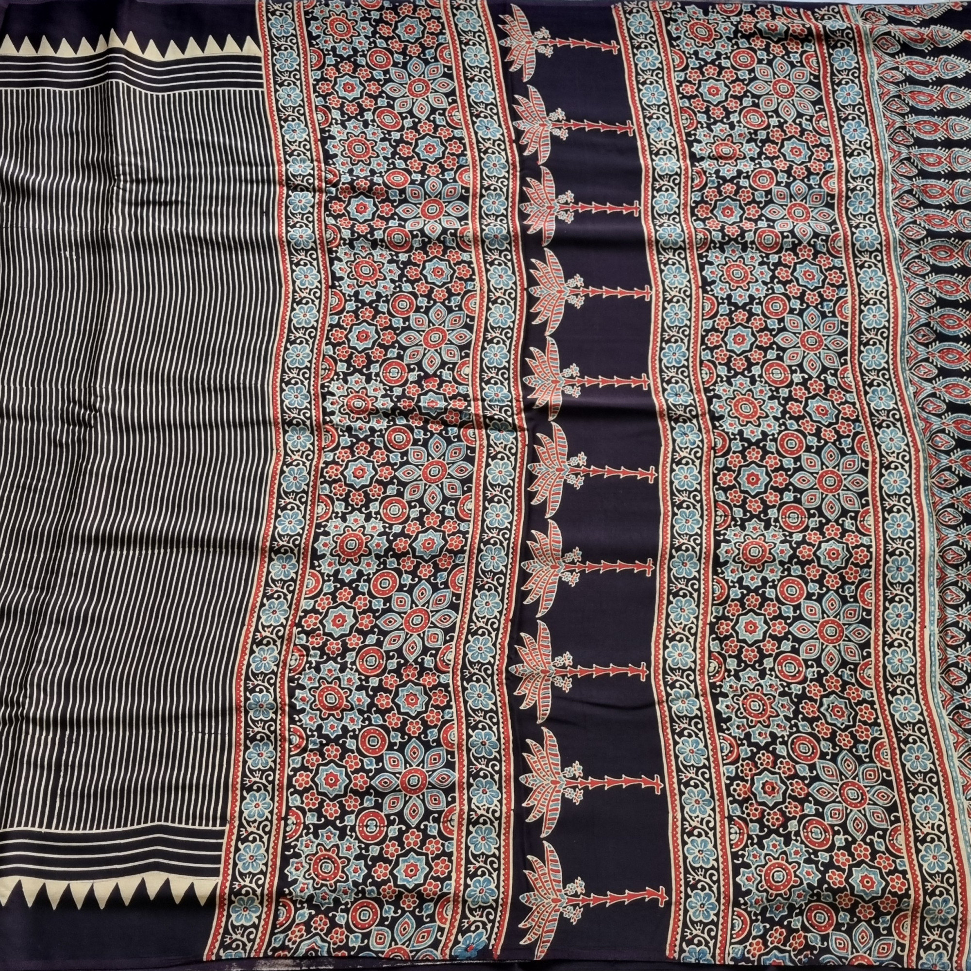 Handcrafted Ajrakh on modal silk stripes