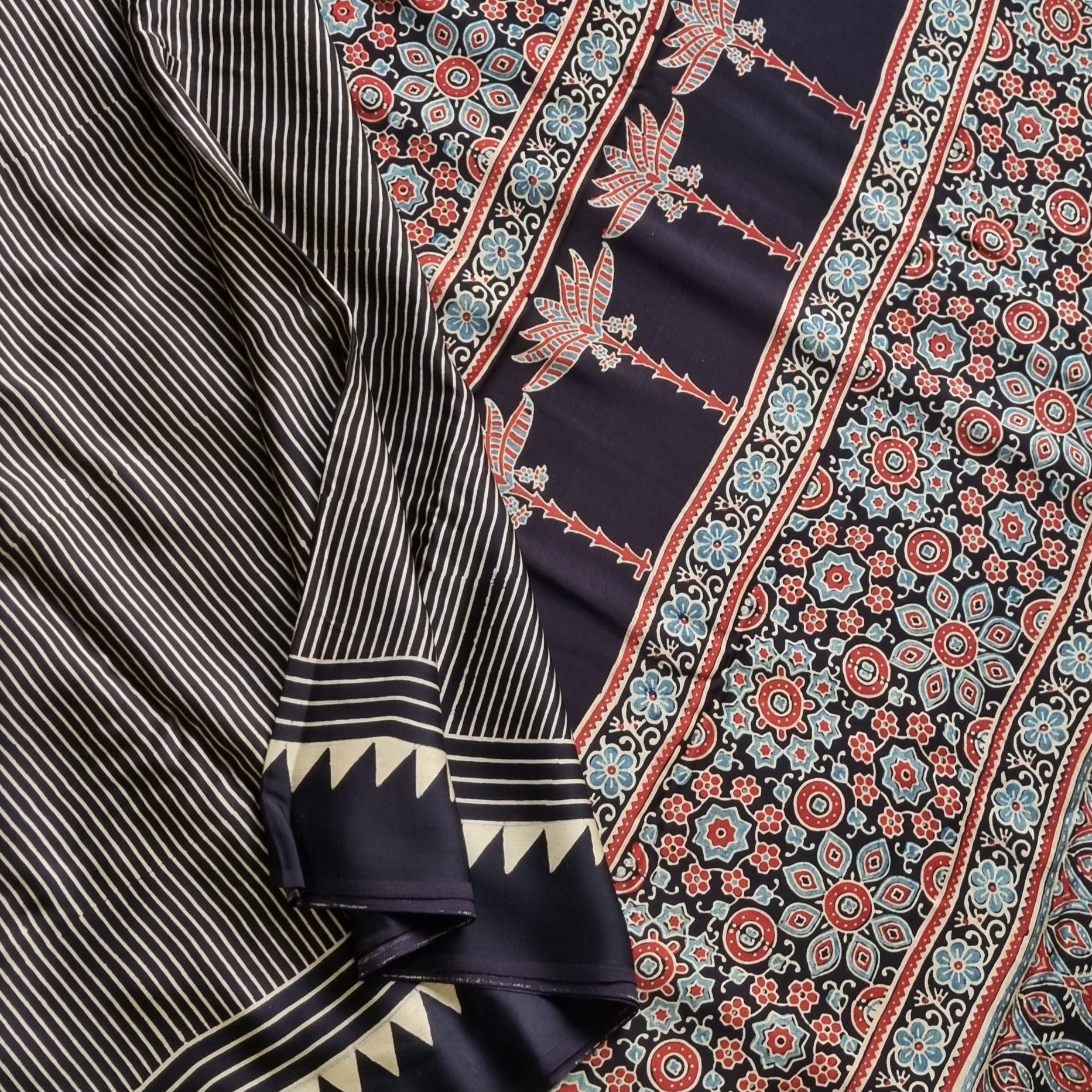 Handcrafted Ajrakh on modal silk stripes