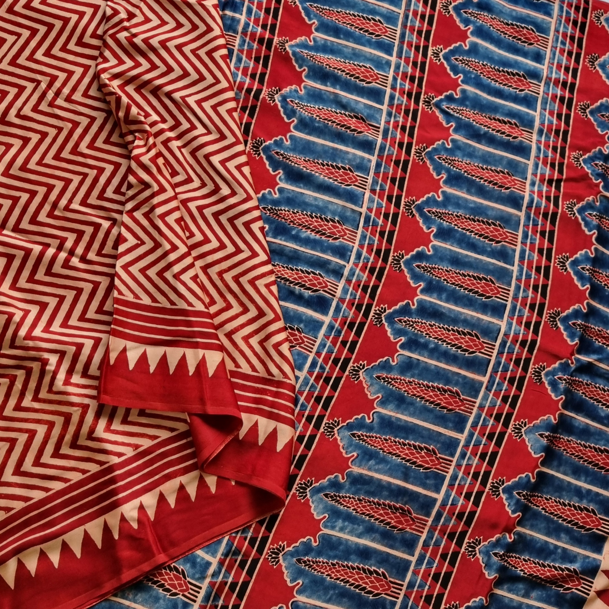 Handcrafted Ajrakh on modal silk  chevron