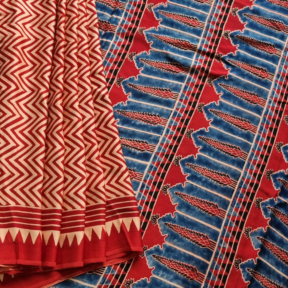 Image of Handcrafted Ajrakh on modal silk  chevron
