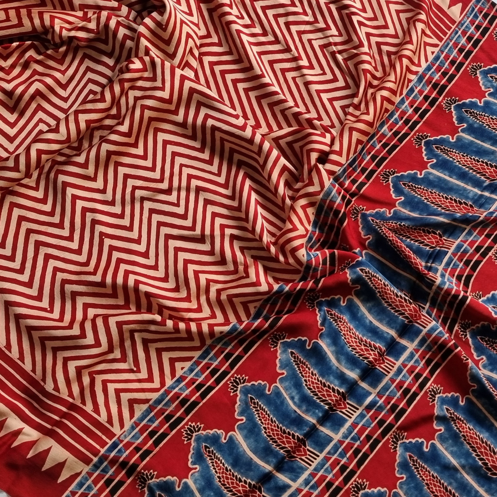 Handcrafted Ajrakh on modal silk  chevron