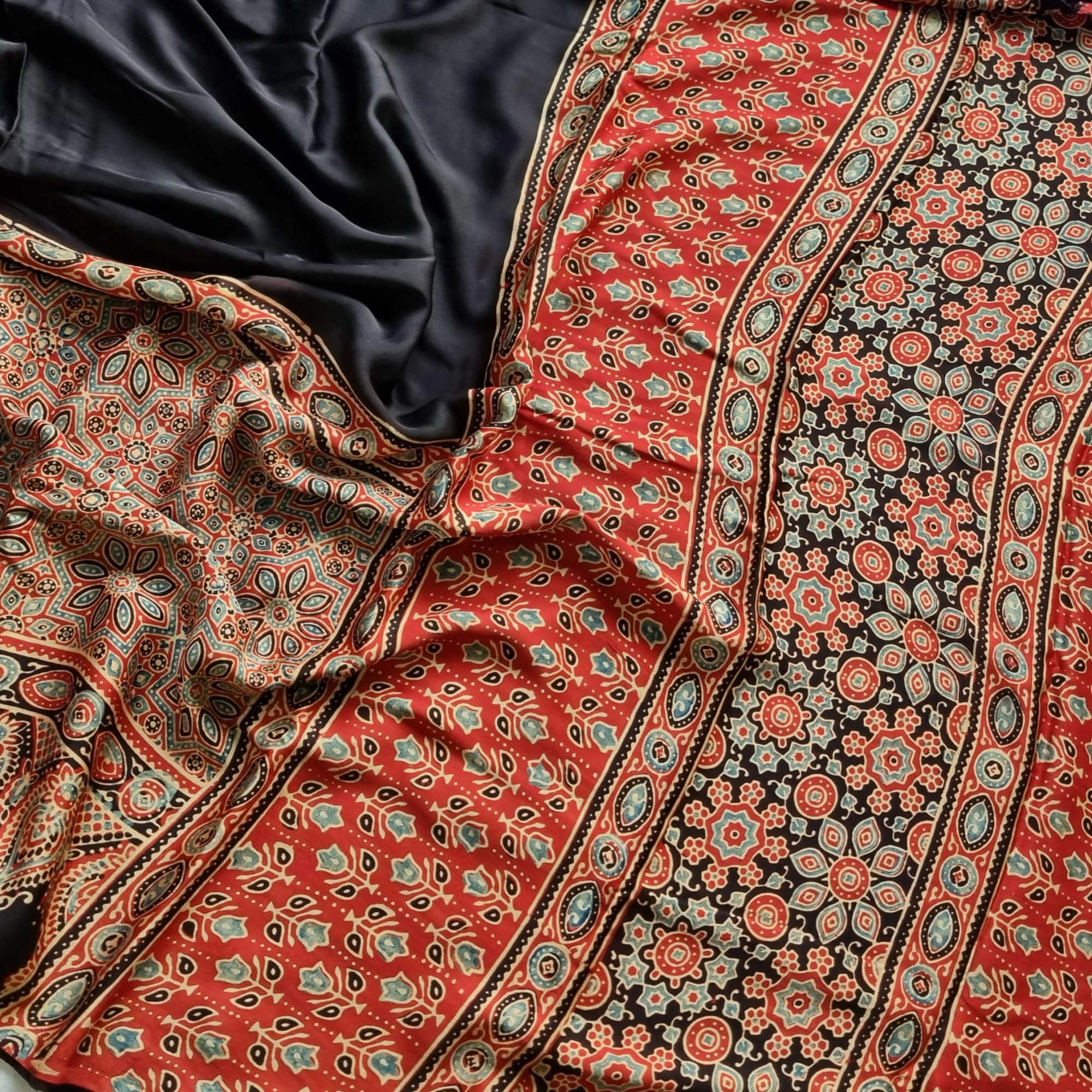 Handcrafted Ajrakh on modal silk half and half