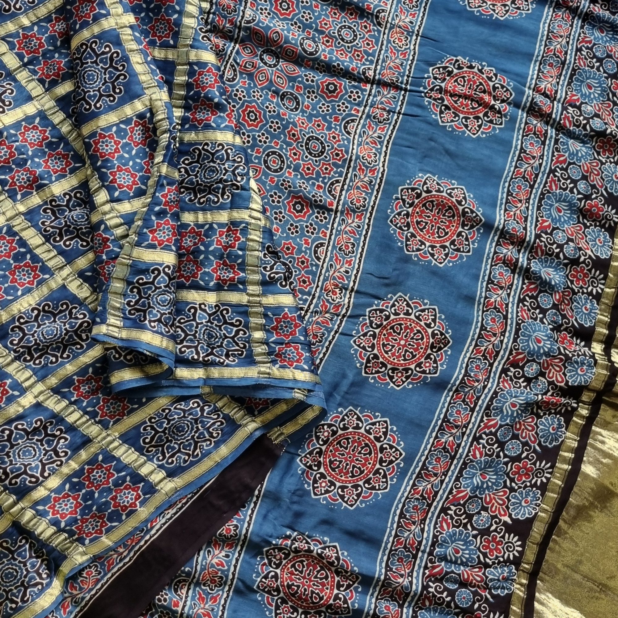 Ajrakh Gharchola on blue modal silk