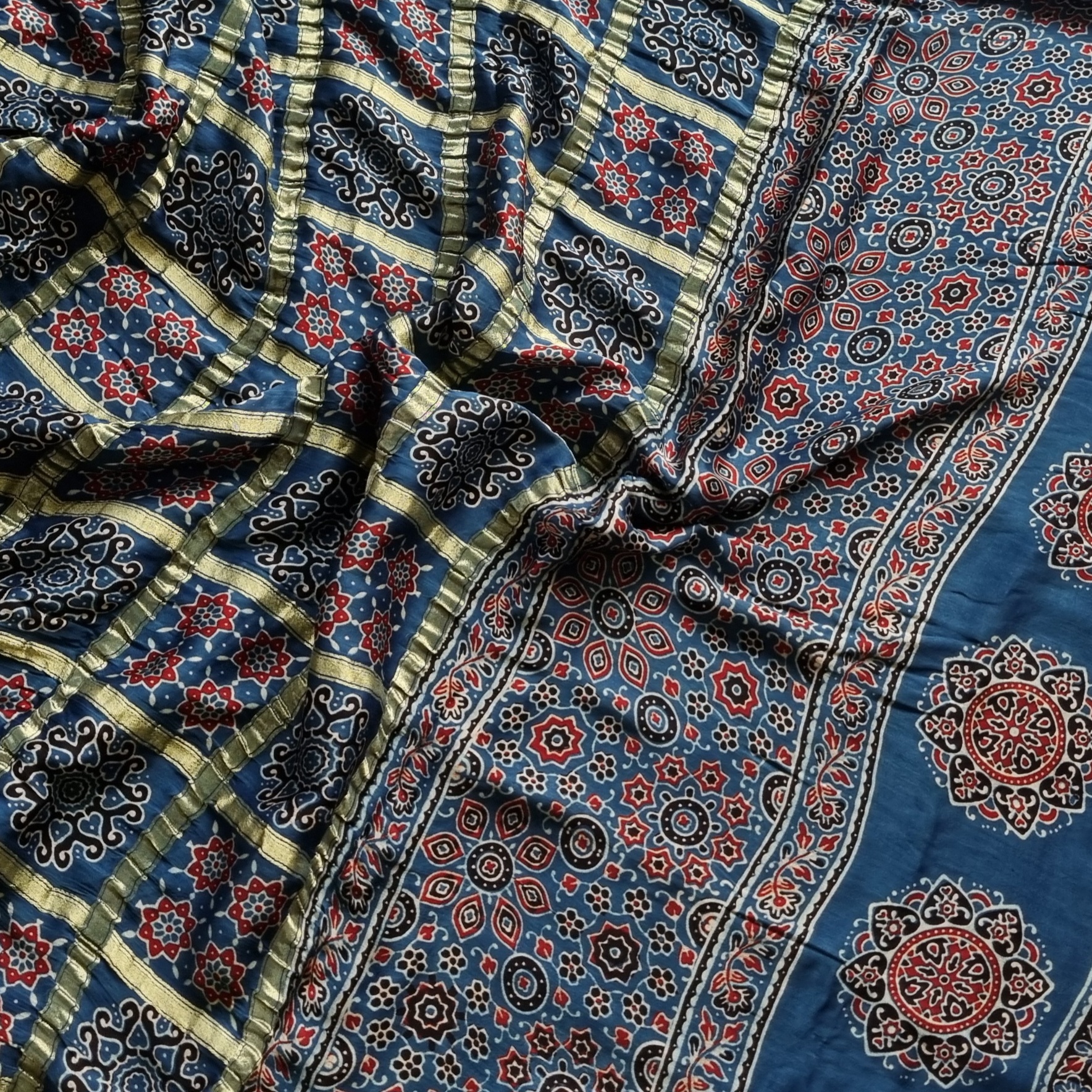 Ajrakh Gharchola on blue modal silk