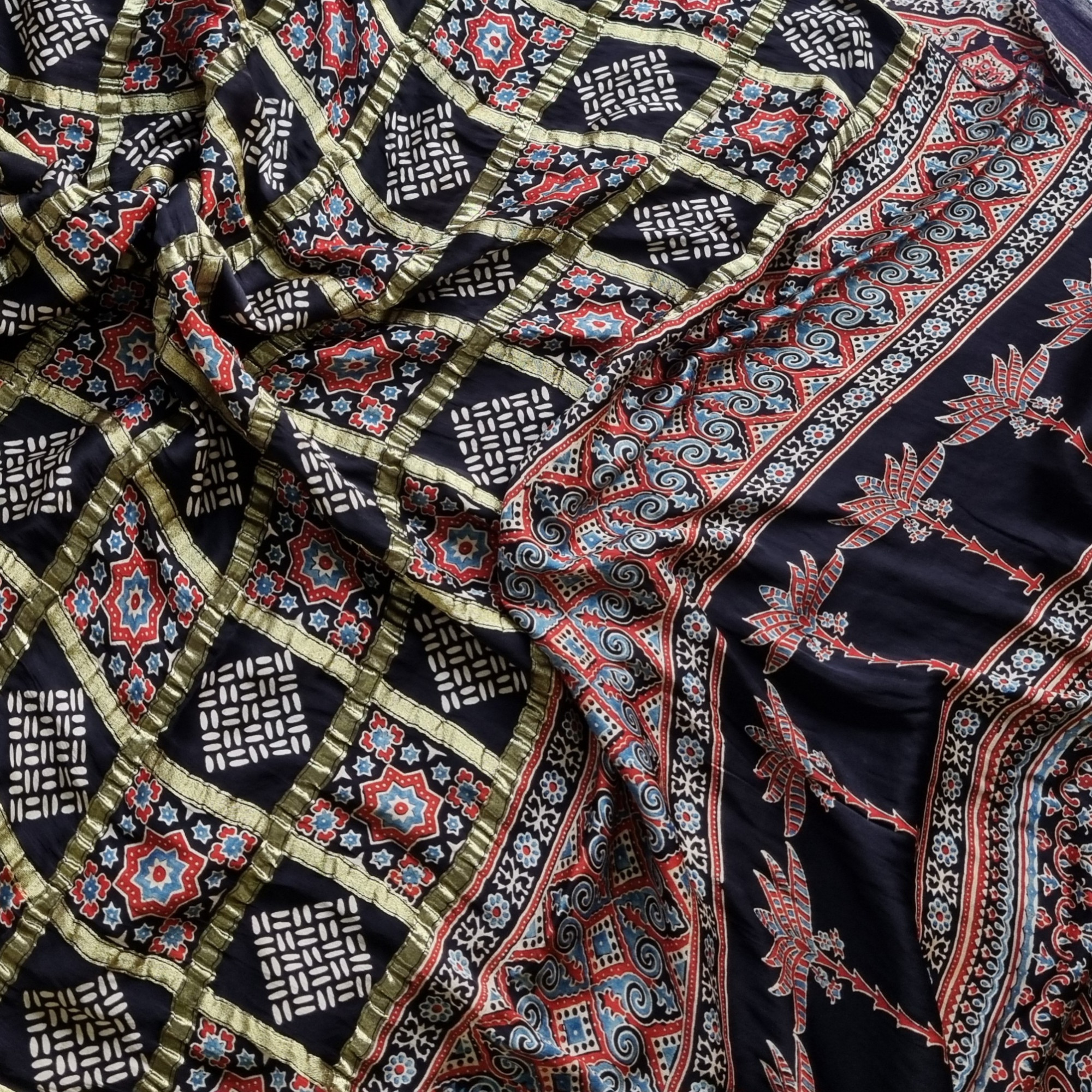 Ajrakh Gharchola on black modal silk
