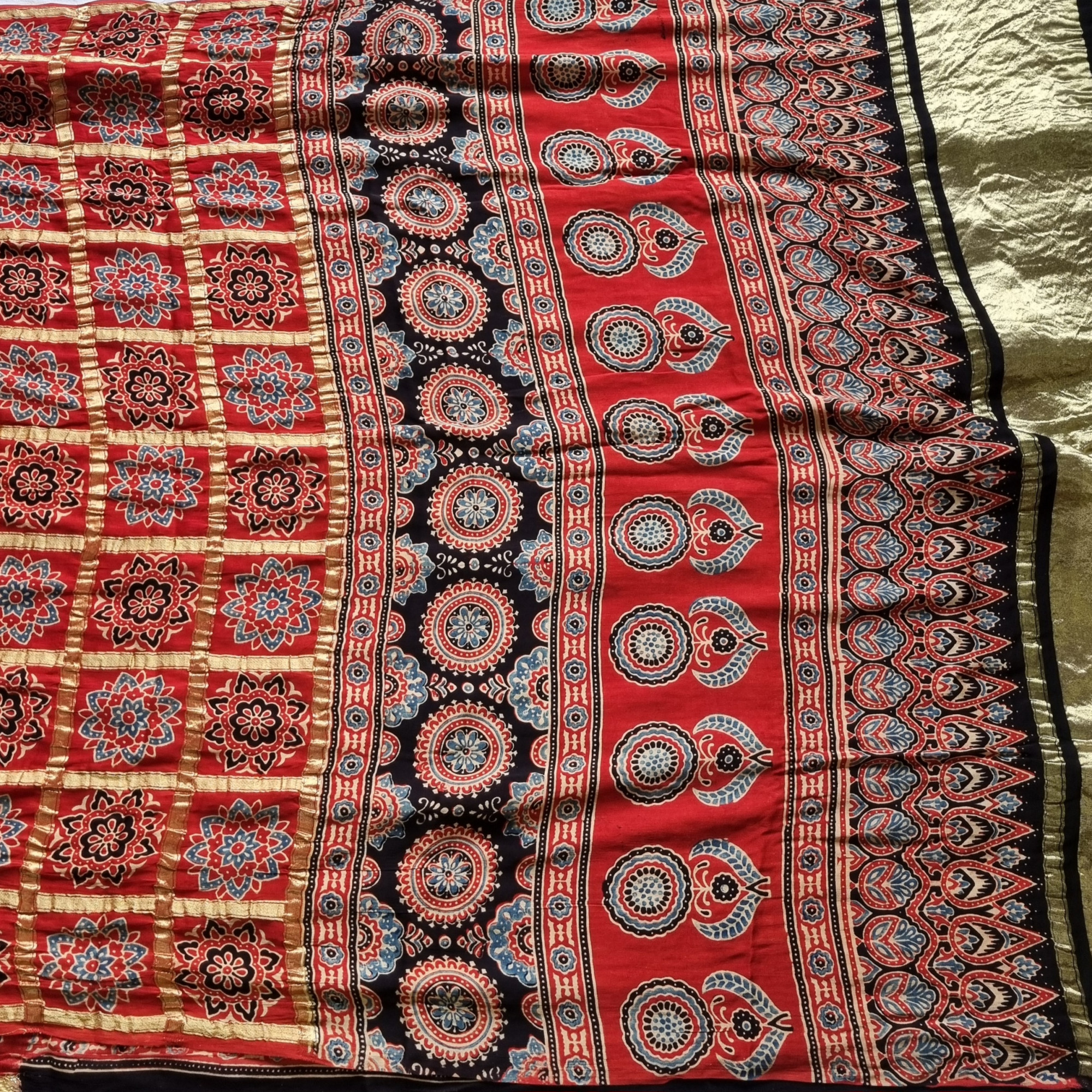 Ajrakh Gharchola on madder red modal silk