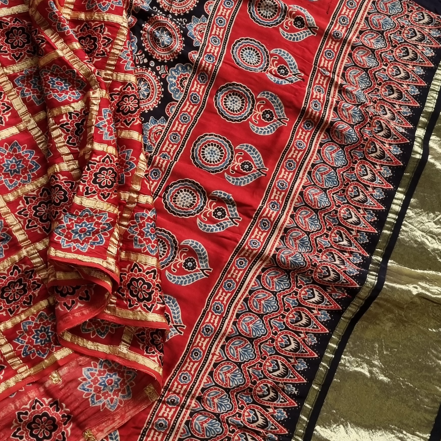 Ajrakh Gharchola on madder red modal silk