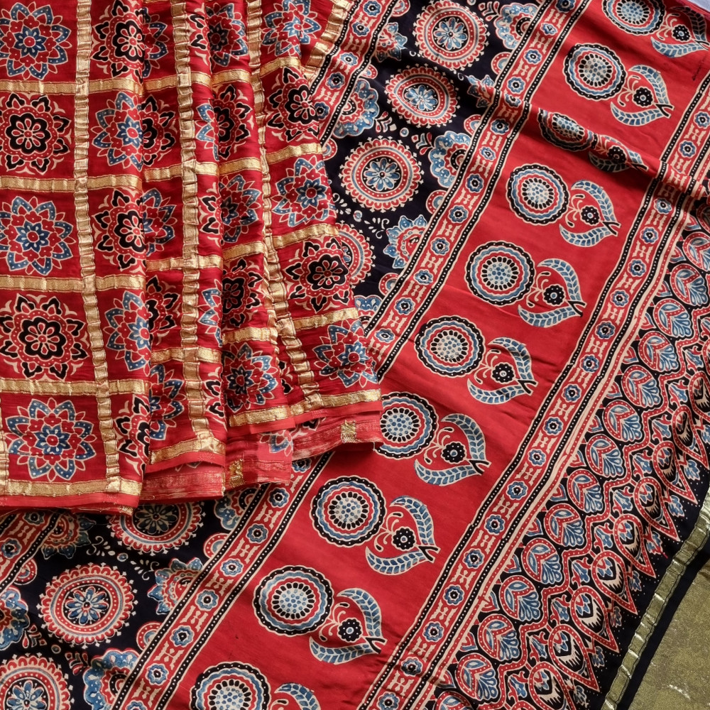 Image of Ajrakh Gharchola on madder red modal silk