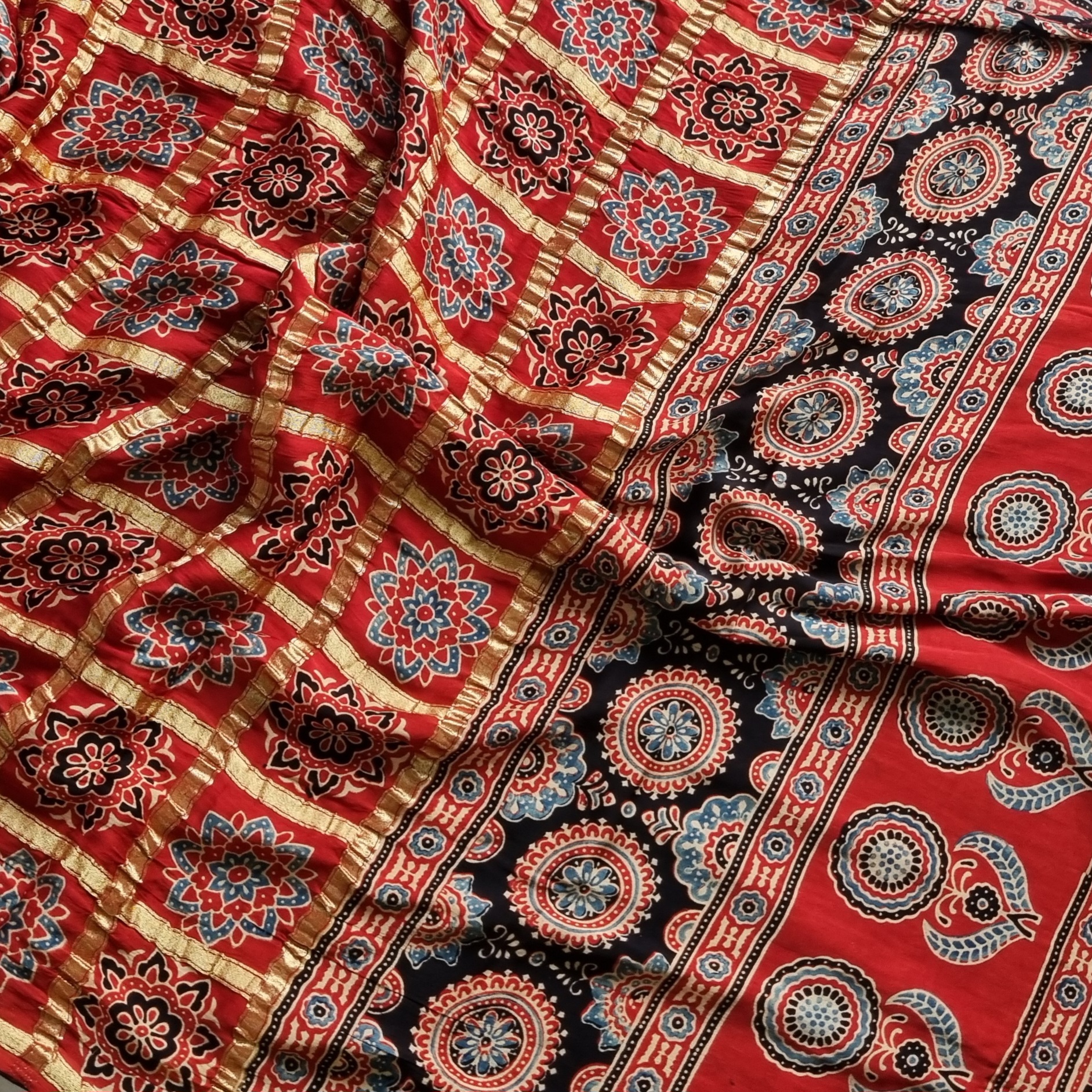 Ajrakh Gharchola on madder red modal silk