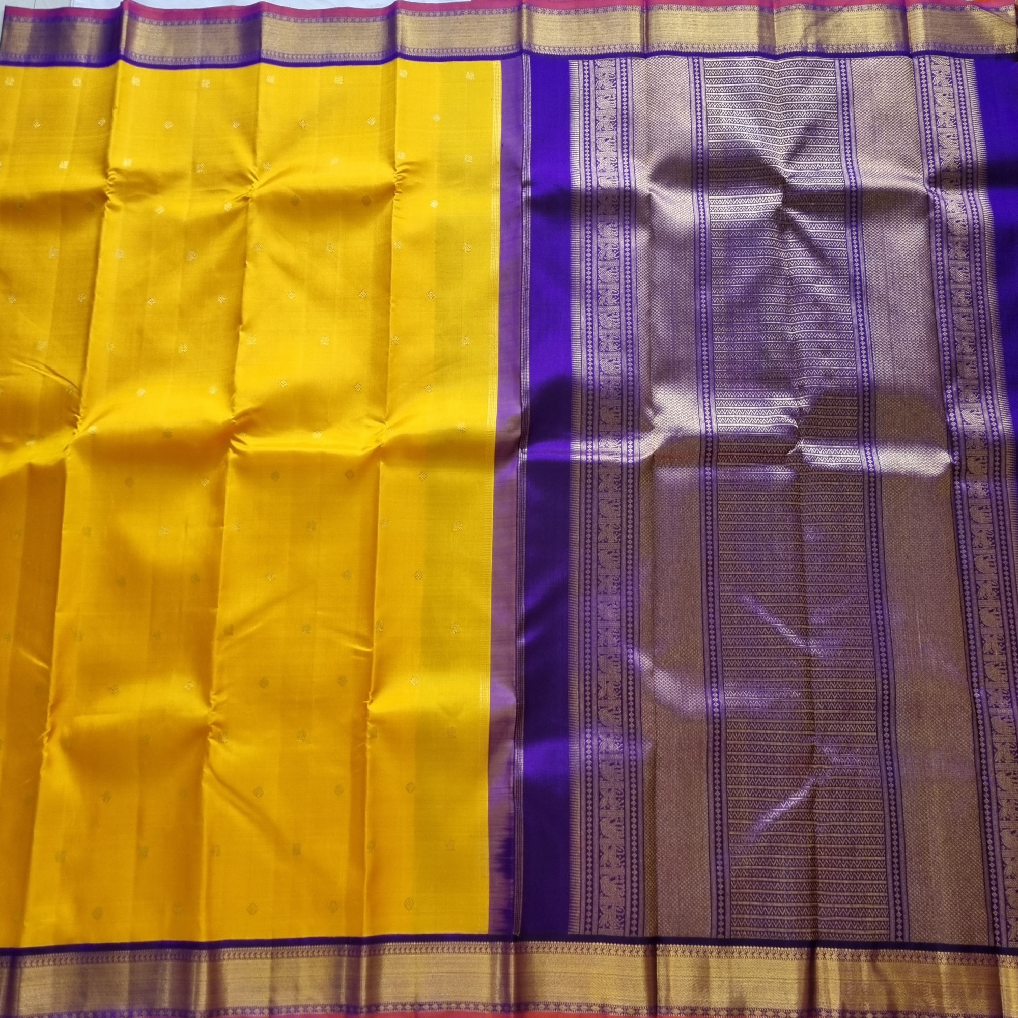 Kanjivaram silk yellow purple Korvai