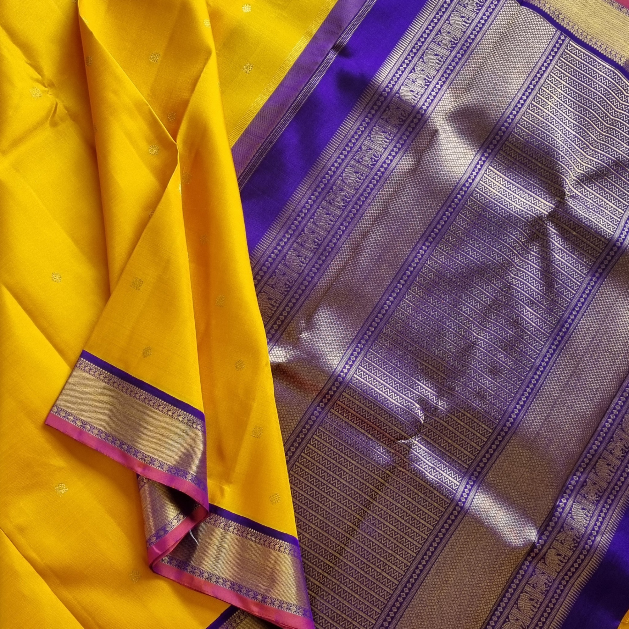 Kanjivaram silk yellow purple Korvai