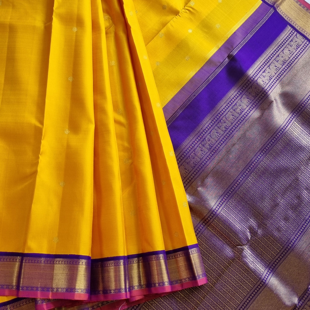Image of Kanjivaram silk yellow purple Korvai