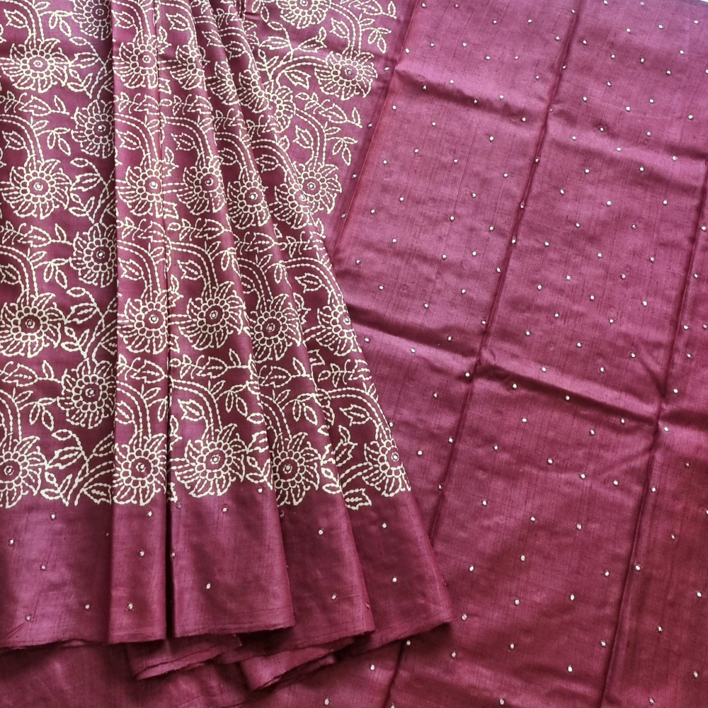 Image of Block printed  tussar with mirrorwork