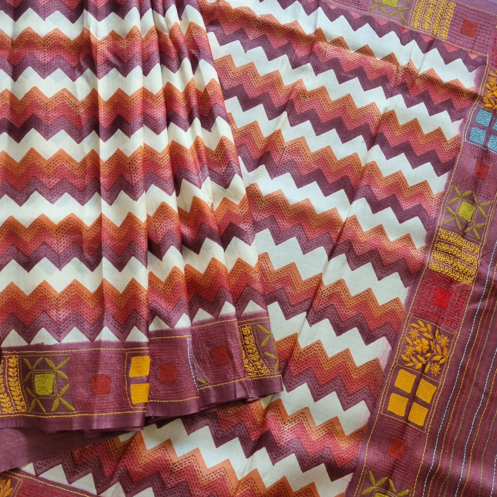 Image of Block printed  tussar with Kantha