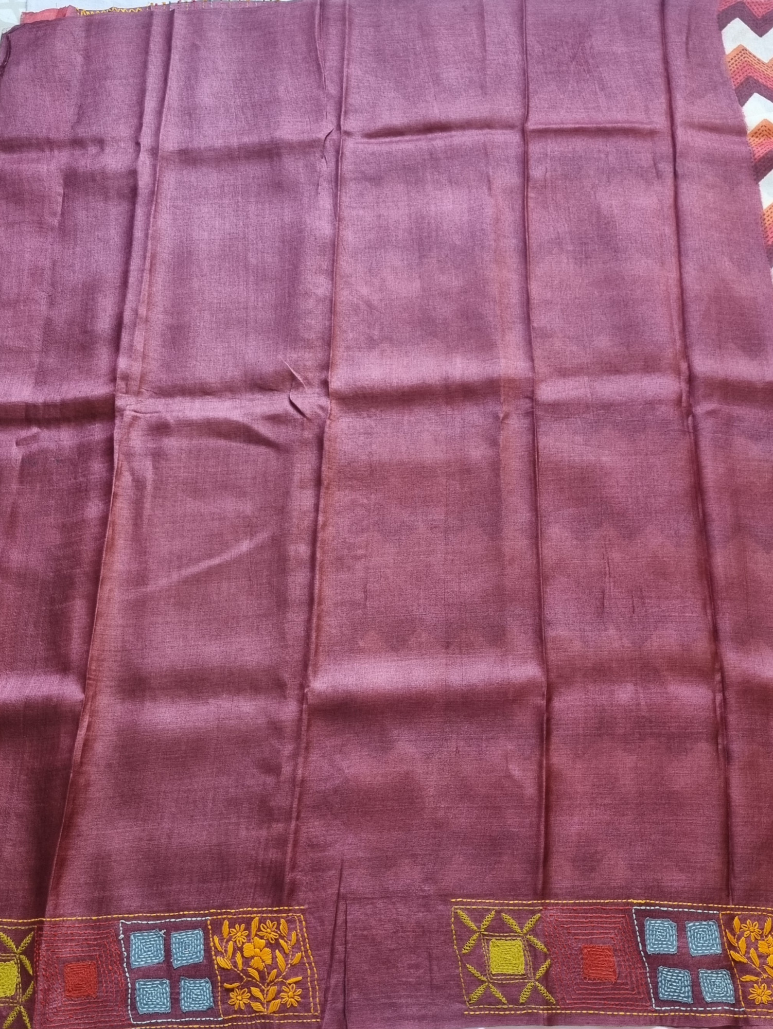 Block printed  tussar with Kantha