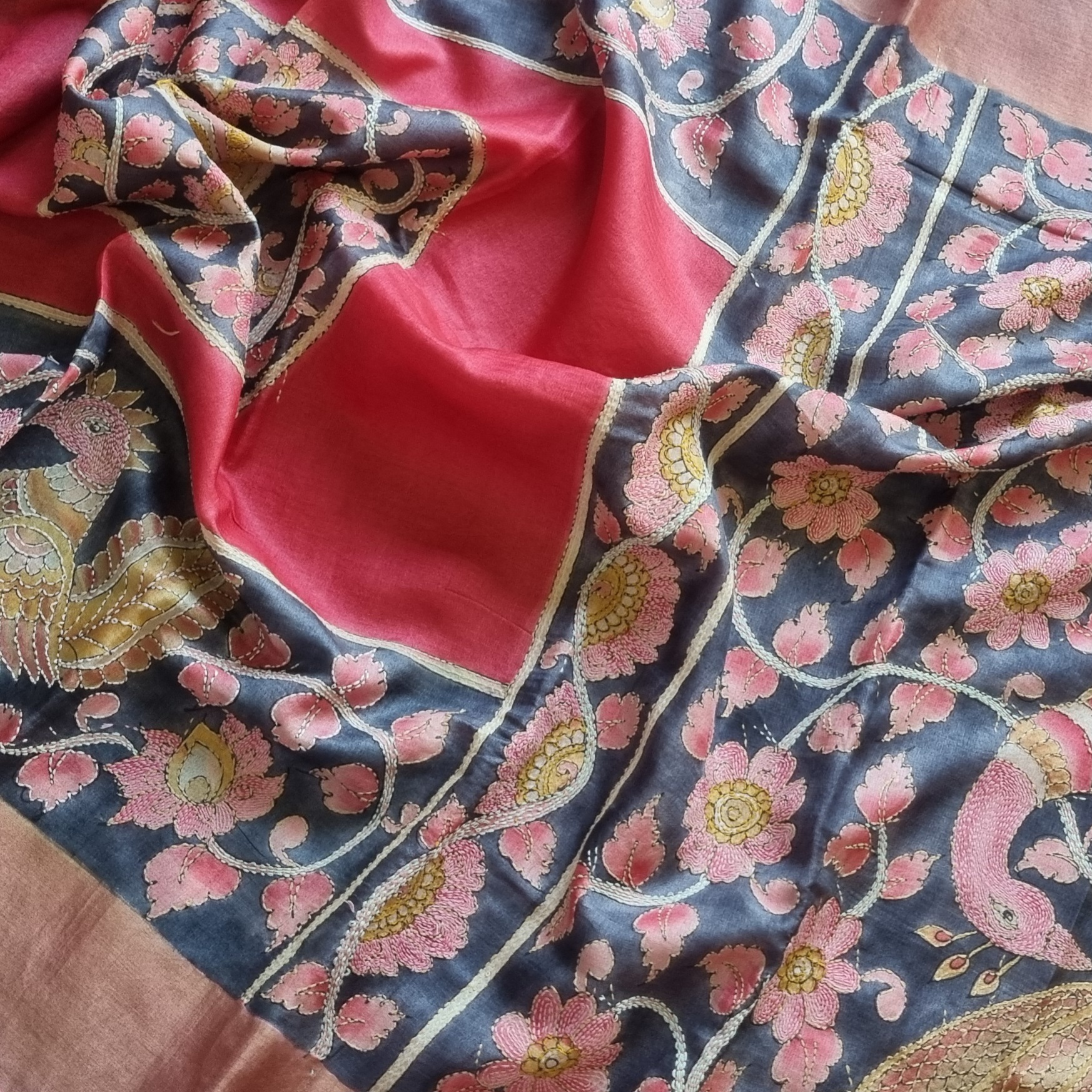 Tussar with Kalamkari and Kantha