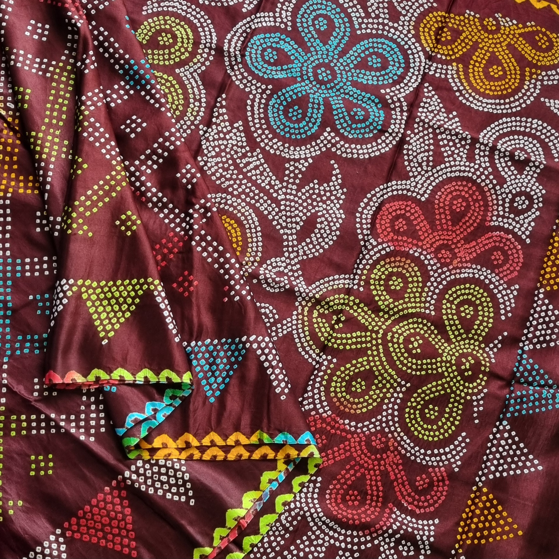 Handcrafted Multicolor Bandhani on brown  Gajji silk