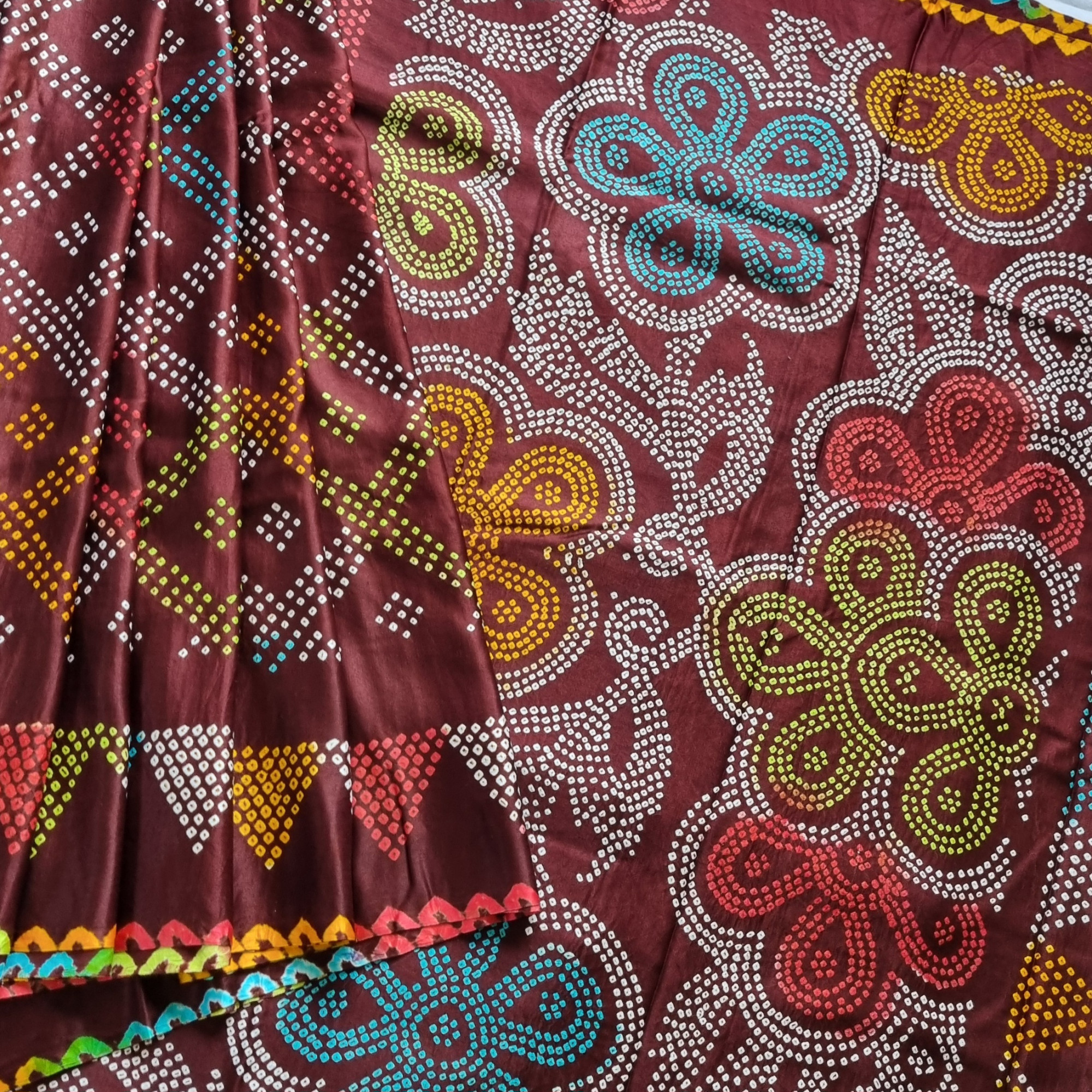 Handcrafted Multicolor Bandhani on brown  Gajji silk