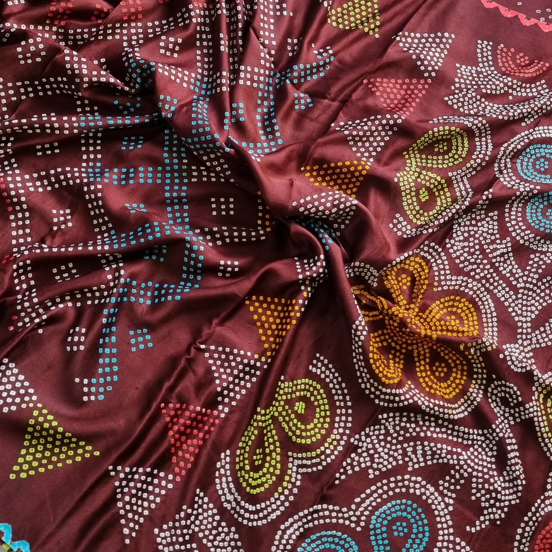 Handcrafted Multicolor Bandhani on brown  Gajji silk