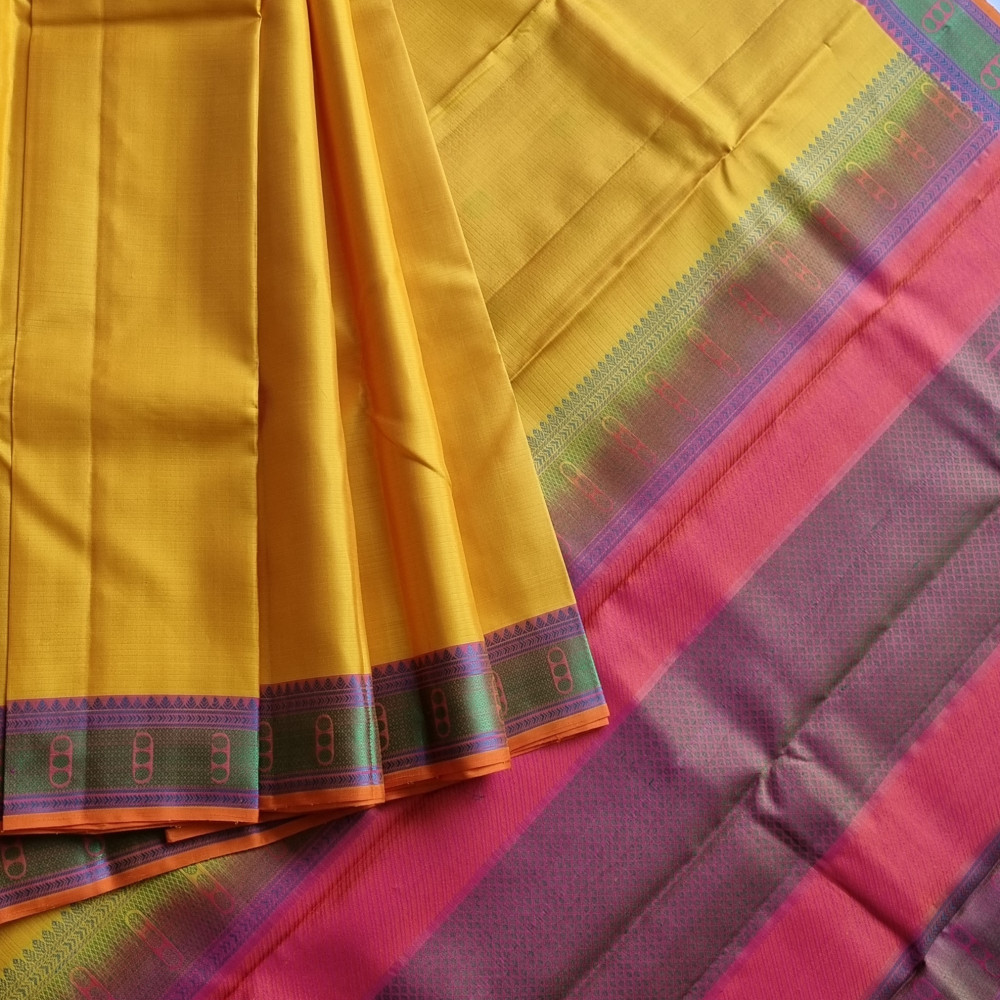 Image of Kanjivaram Silk yellow threadwork