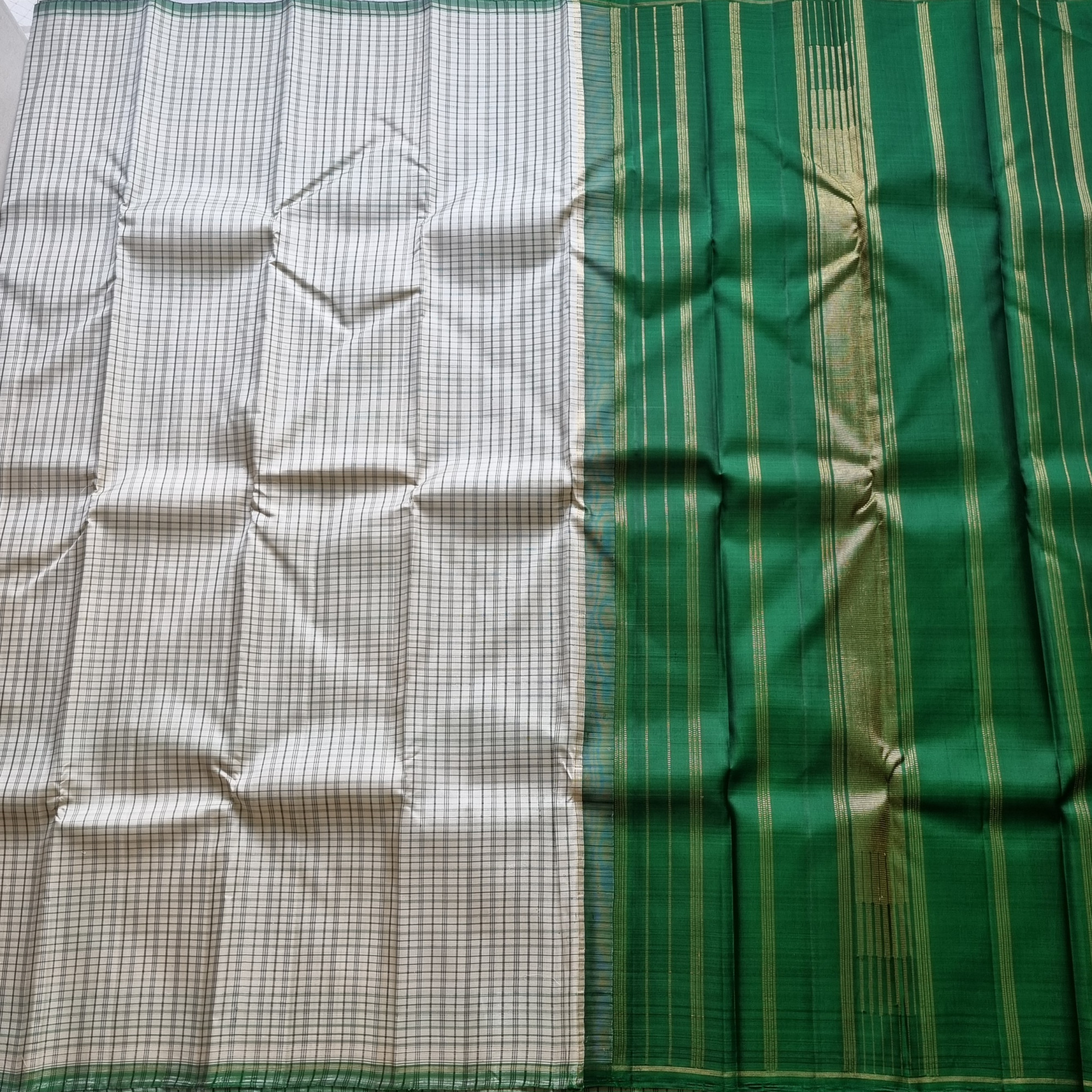 Kanjivaram Silk offwhite grids with green pallu