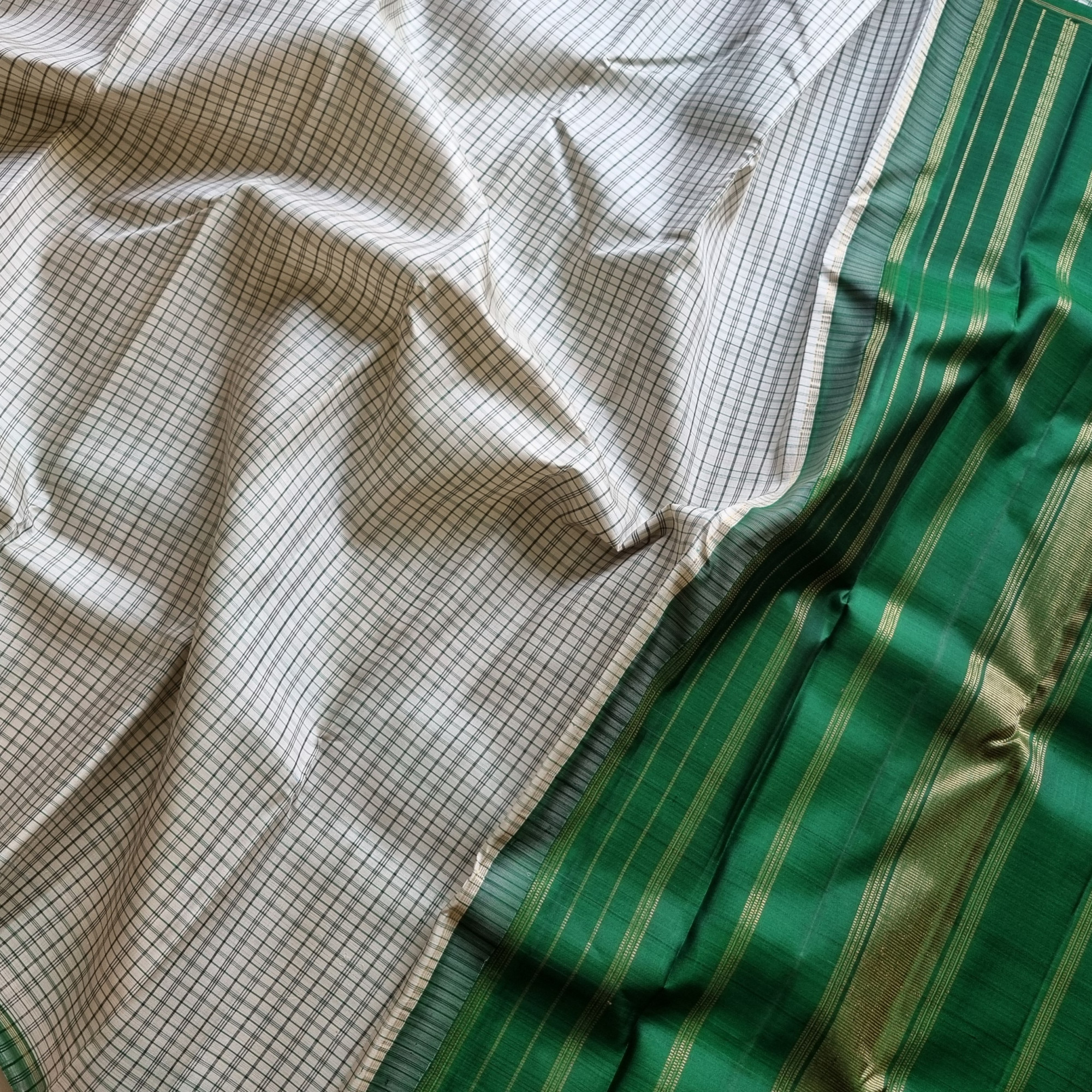 Kanjivaram Silk offwhite grids with green pallu