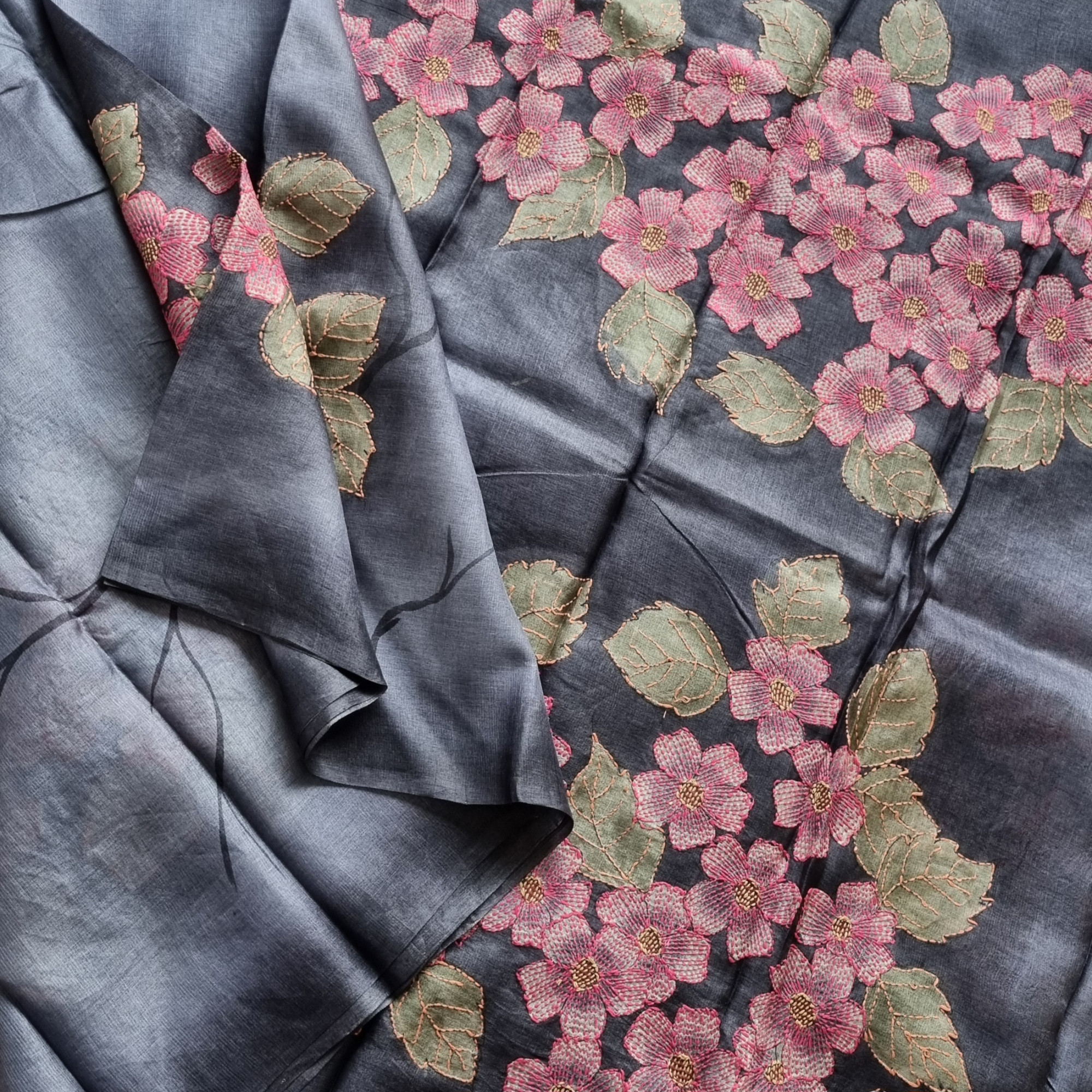 Graceful grey tussar with Kantha