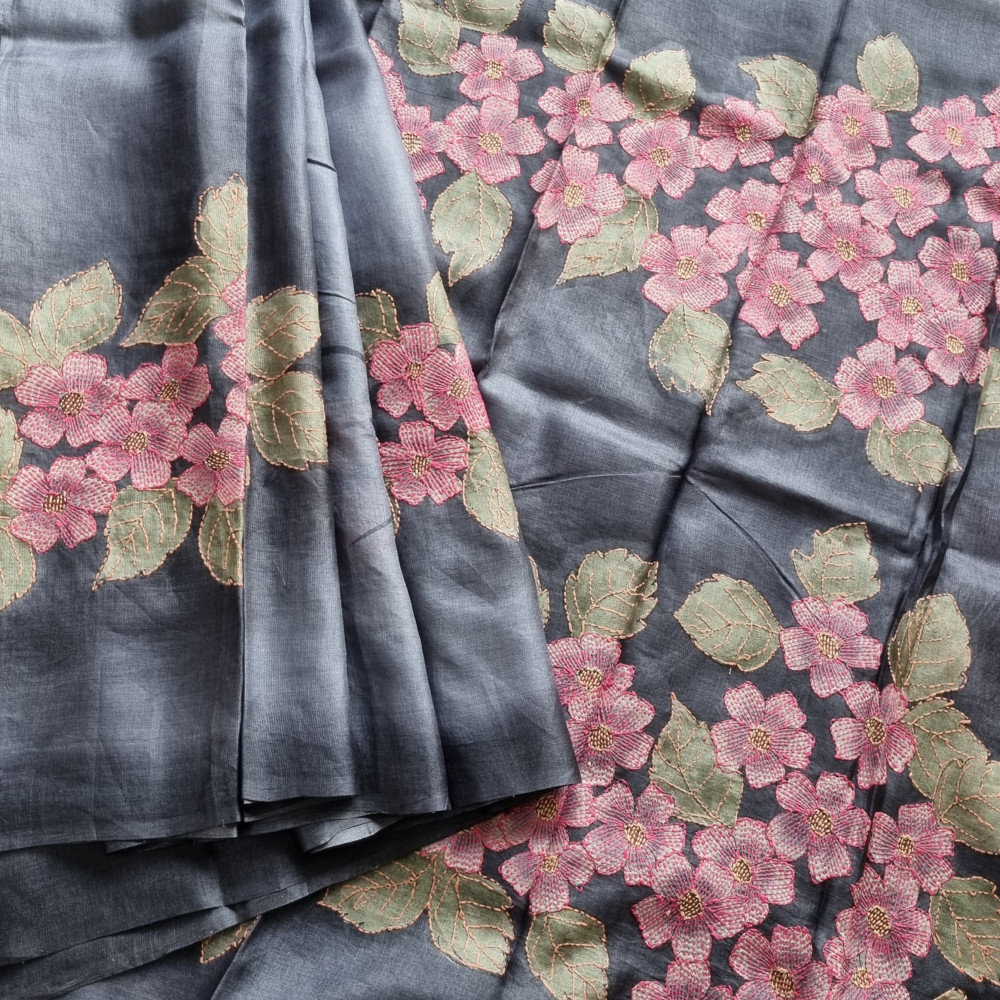 Image of Graceful grey tussar with Kantha