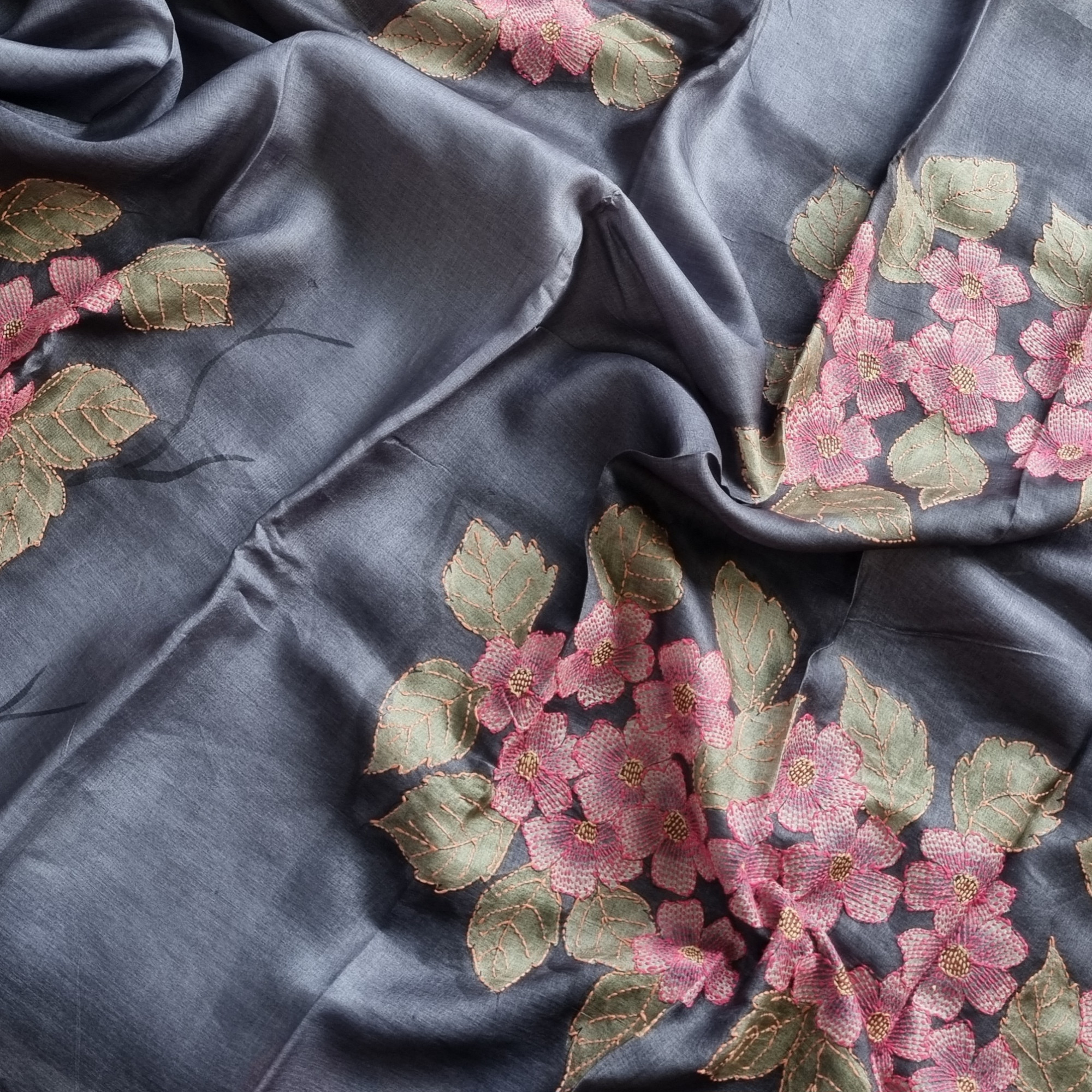Graceful grey tussar with Kantha