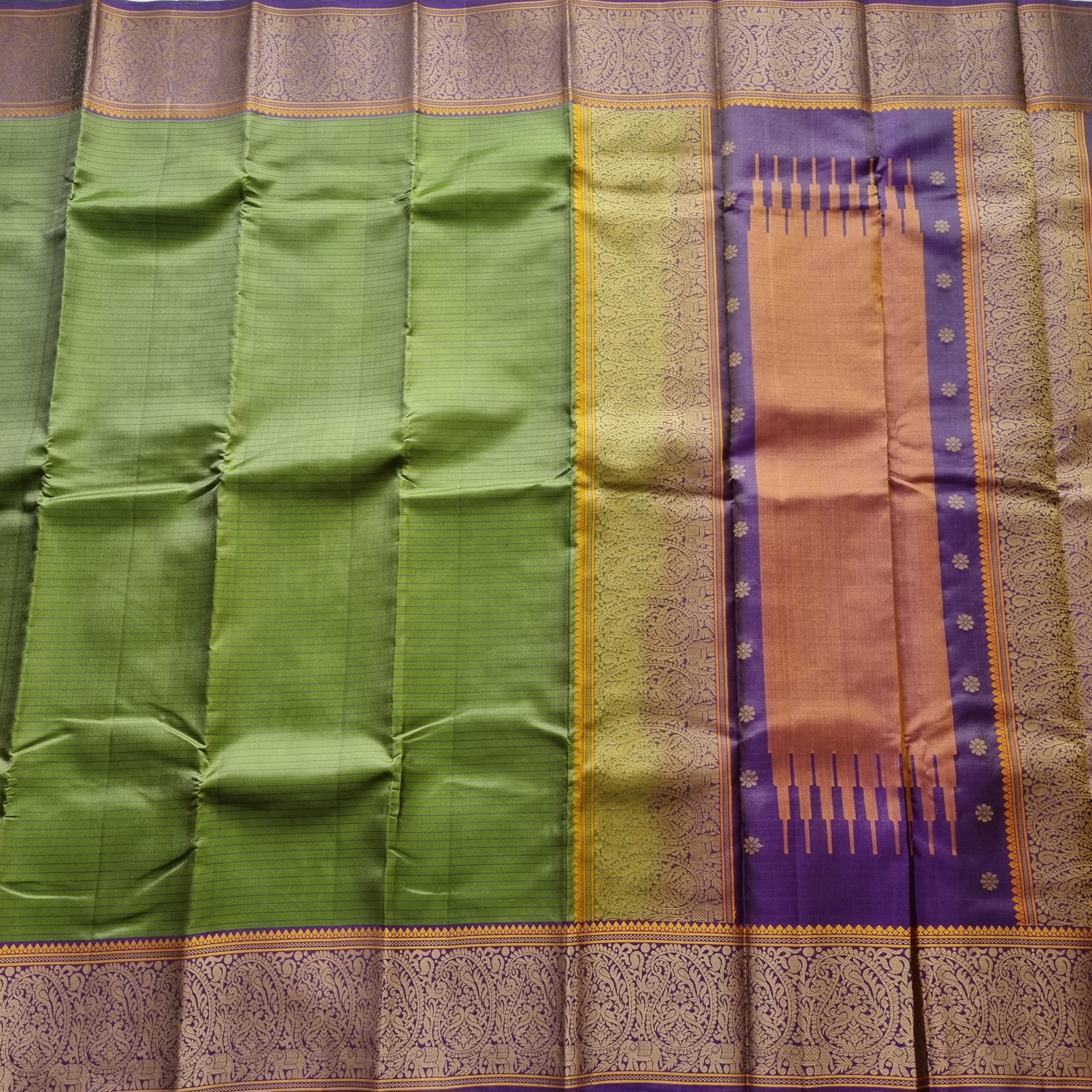 Kanjivaram Silk green purple threadwork