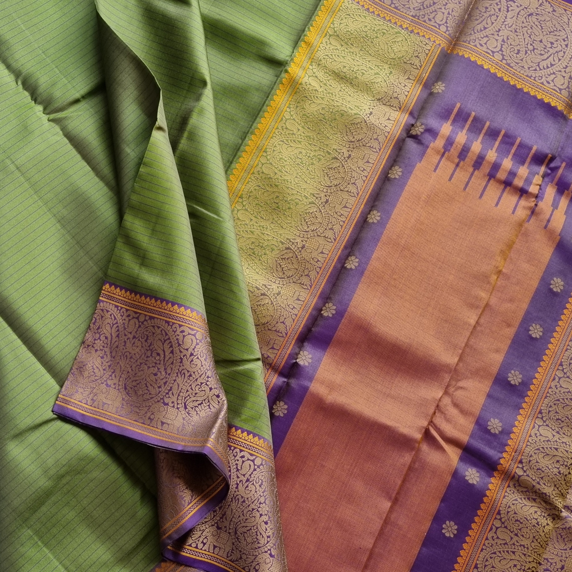 Kanjivaram Silk green purple threadwork