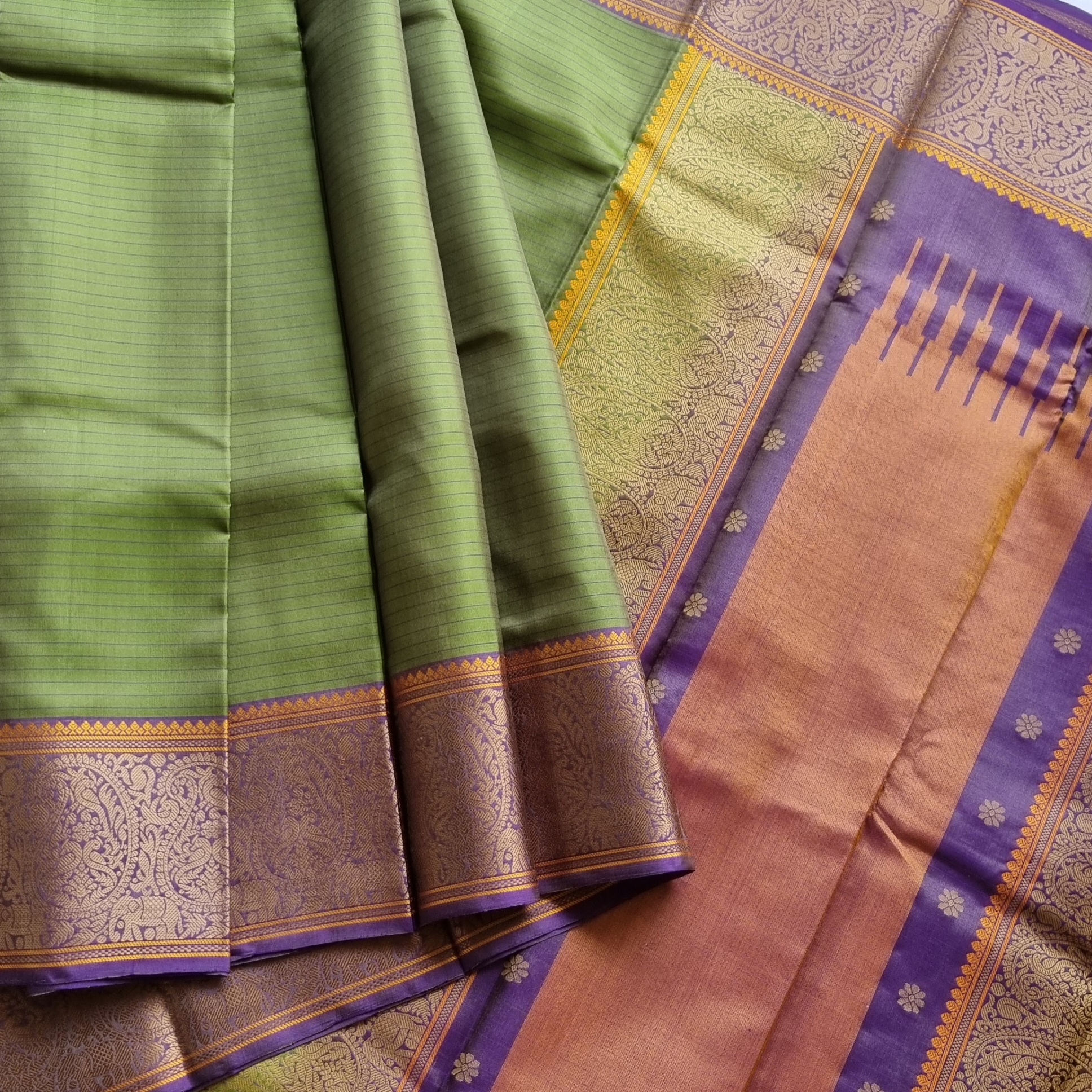 Kanjivaram Silk green purple threadwork