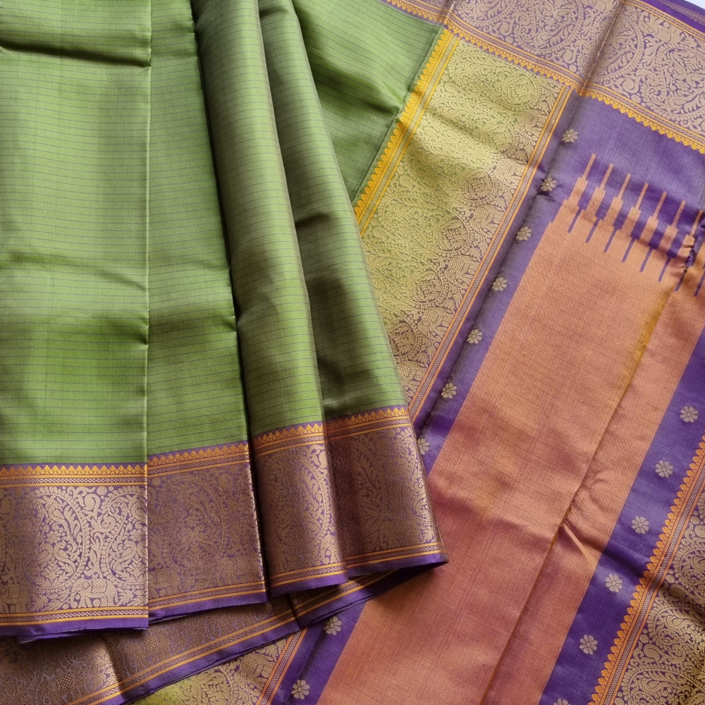 Image of Kanjivaram Silk green purple threadwork