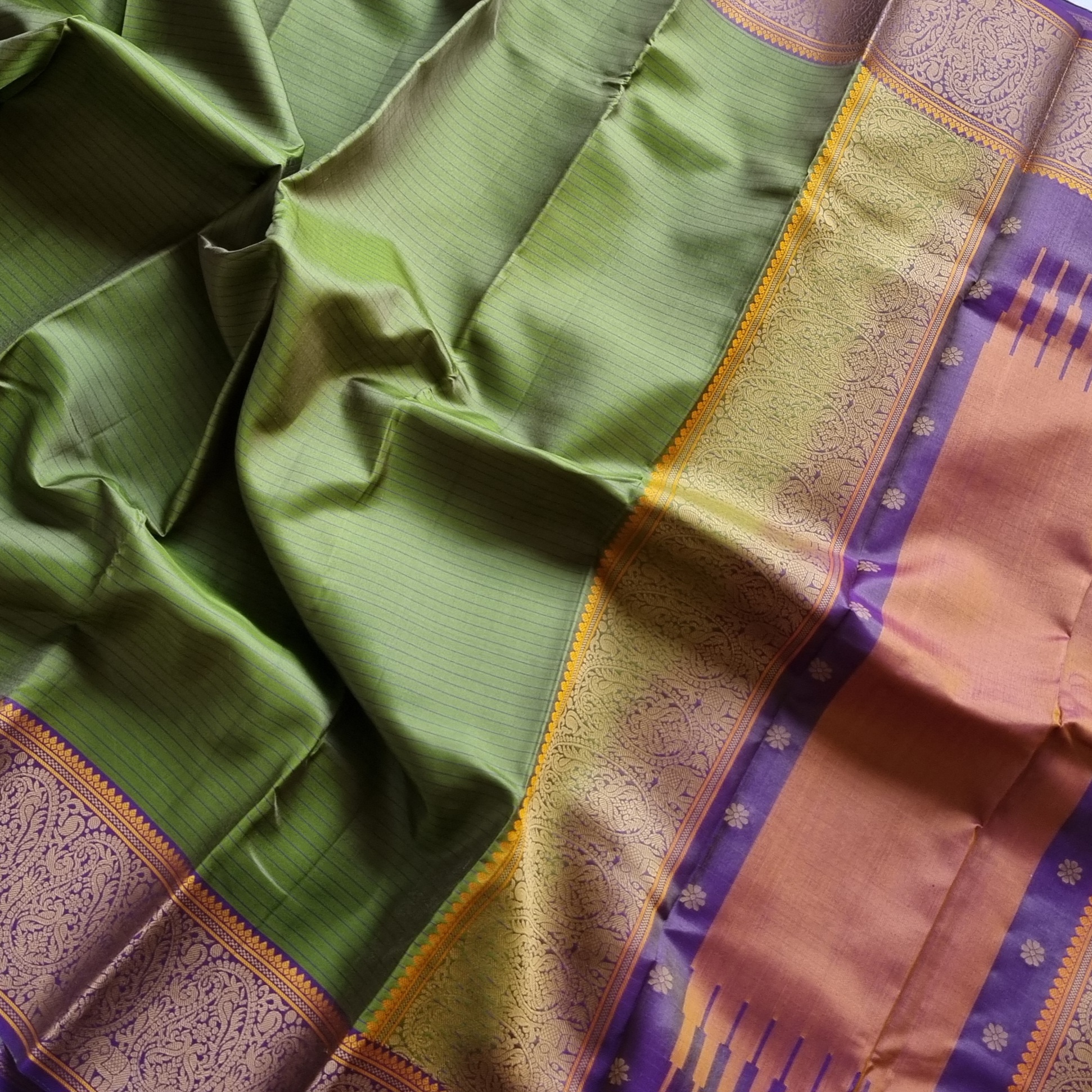Kanjivaram Silk green purple threadwork
