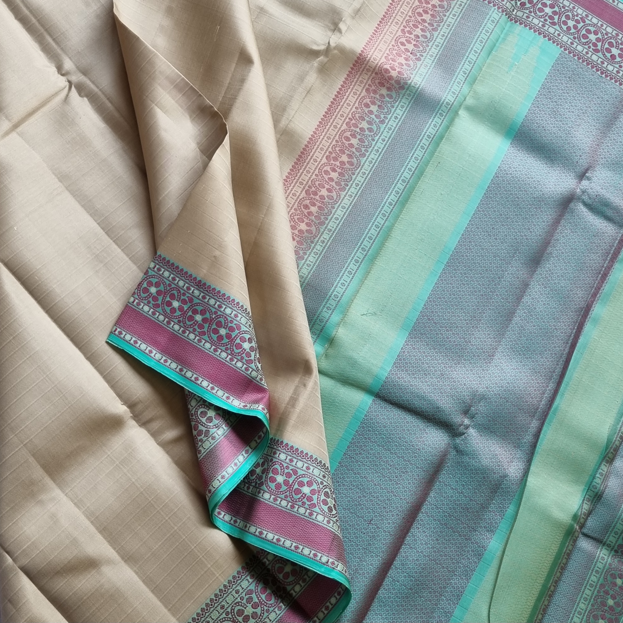 Kanjivaram Silk shot beige Meenakari threadwork
