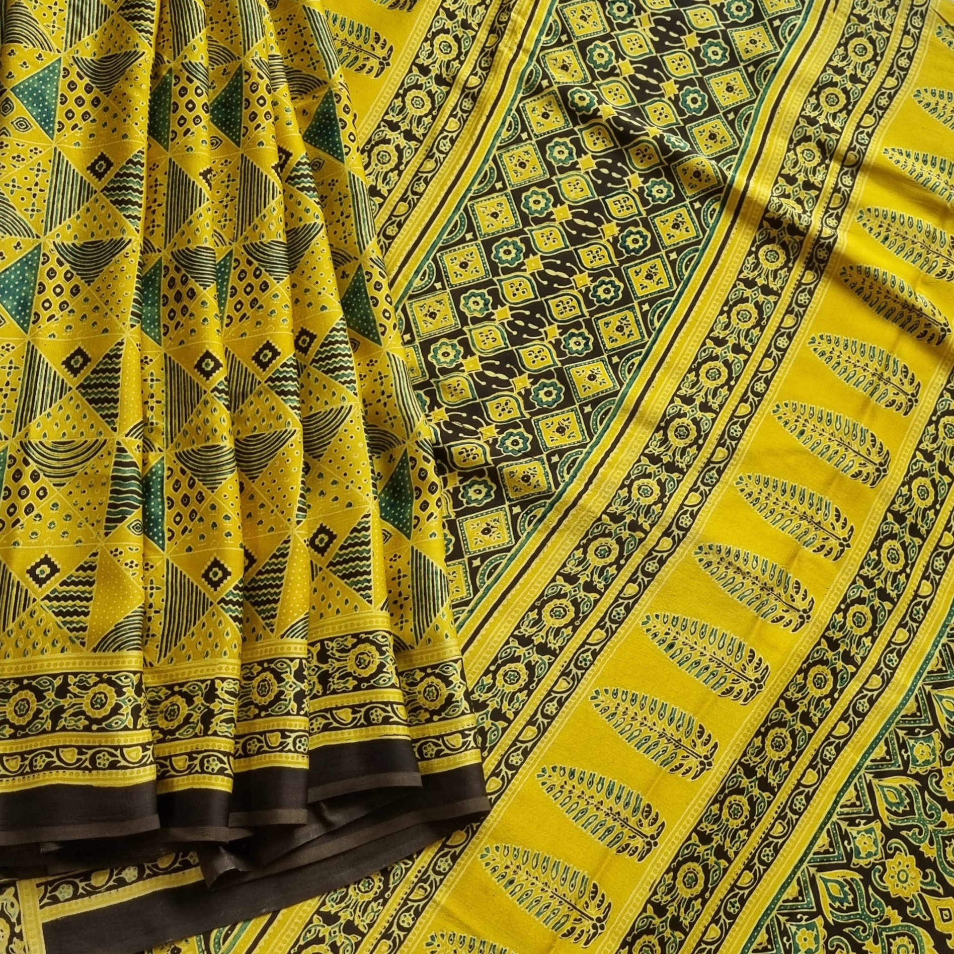 Handcrafted Ajrakh on modal silk yellow