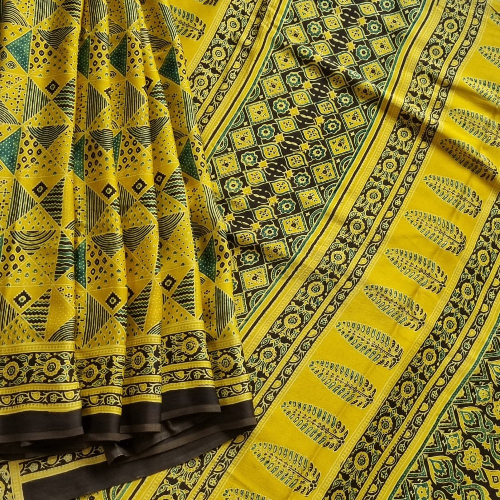 Image of Handcrafted Ajrakh on modal silk yellow